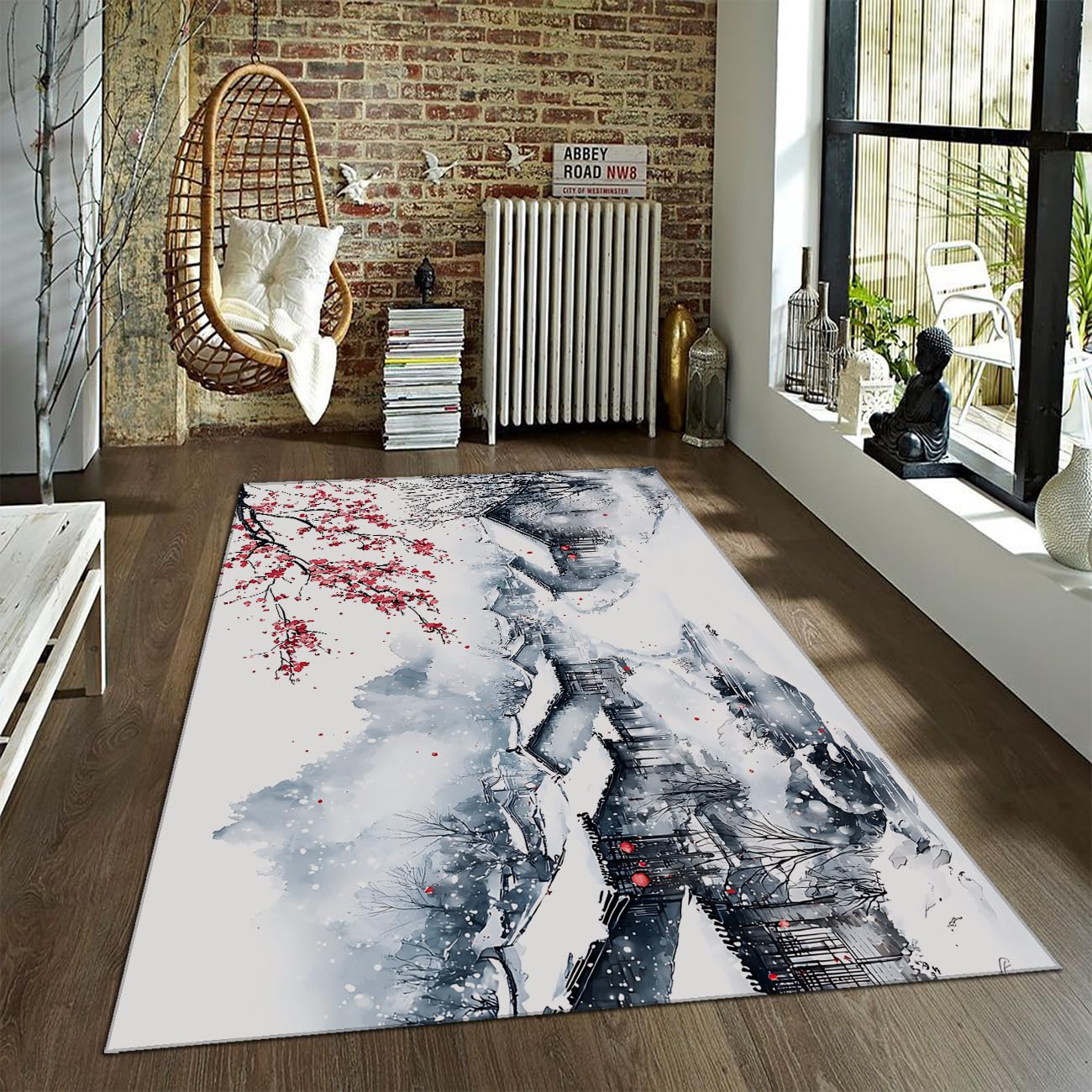Tapis japonais de scène de neige aquarelle 180x270cm pour salon