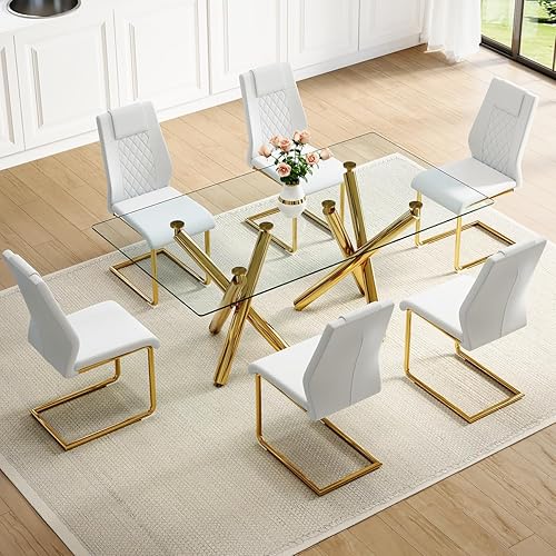 Miniatura 7 de Juego de mesa de comedor de cristal para 6,71 pulgadas, mesa de comedor para 6, mesa de cocina rectangular grande de vidrio templado y 6 sillas de