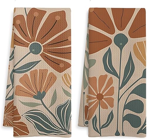 Groovy - Juego de 2 toallas de cocina vintage bohemias, florales naranjas y verdes, estilo retro de los años 70, diseño botánico botánico de