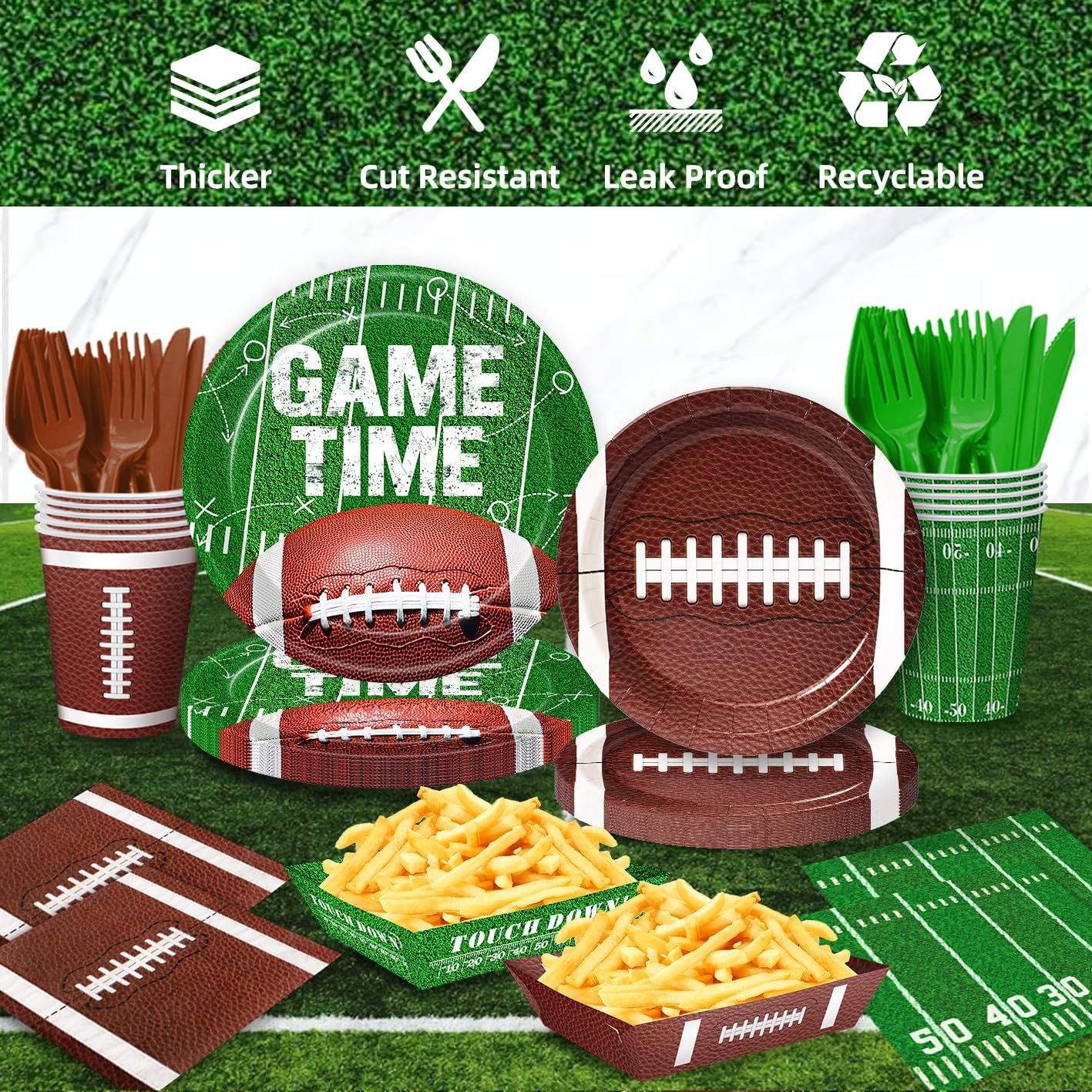 Football Party Decorations for 24 Guests - Football Party Supplies Kit with Plates, Napkins, Cutlery, Food Trays, Banner, Tablecloths for Tailgate & Birthday Party