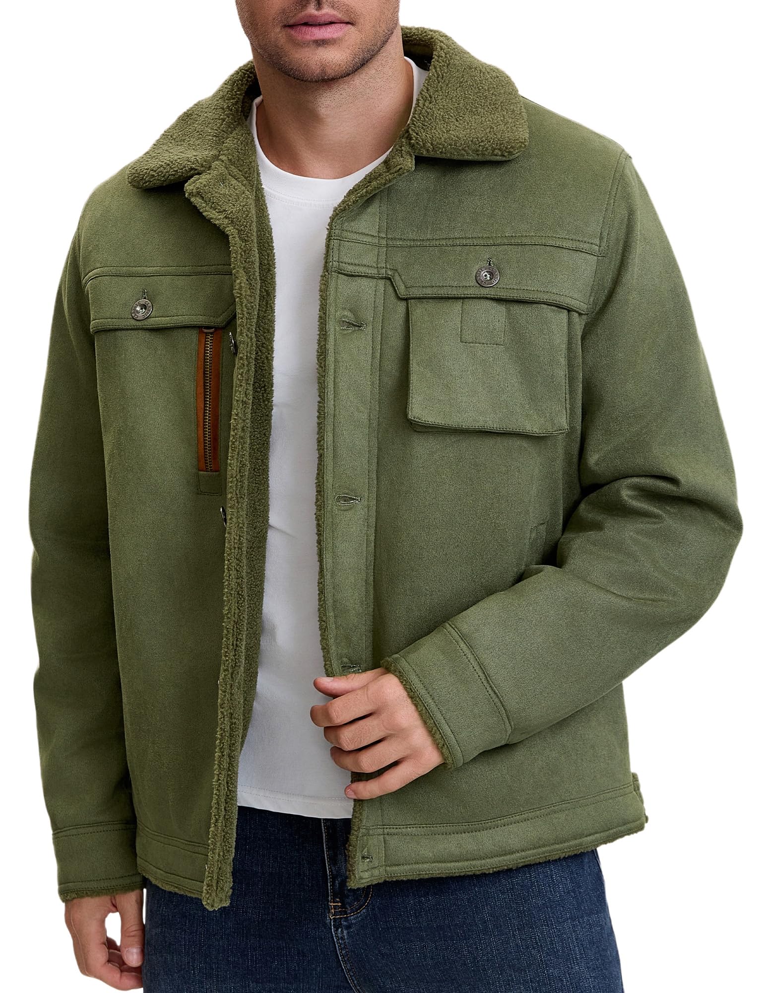 SEAUR Mens Suede Jacket Warm Fleece Lined Turn-Down Coat with 5 Pockets Vintage Classic Casual Faux Leather Suede Trucker Jacket Winter Wear S-3XL L Green