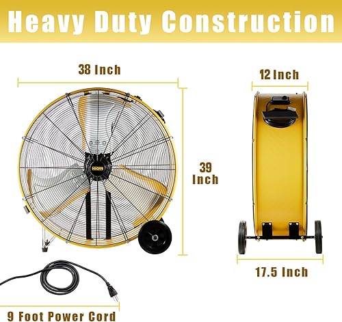 Miniatura 8 de HiCFM Ventilador de tambor industrial de 36 pulgadas, 21100 CFM, ventiladores de piso de alta velocidad, 2 velocidades, 4/5 HP, circulador de aire