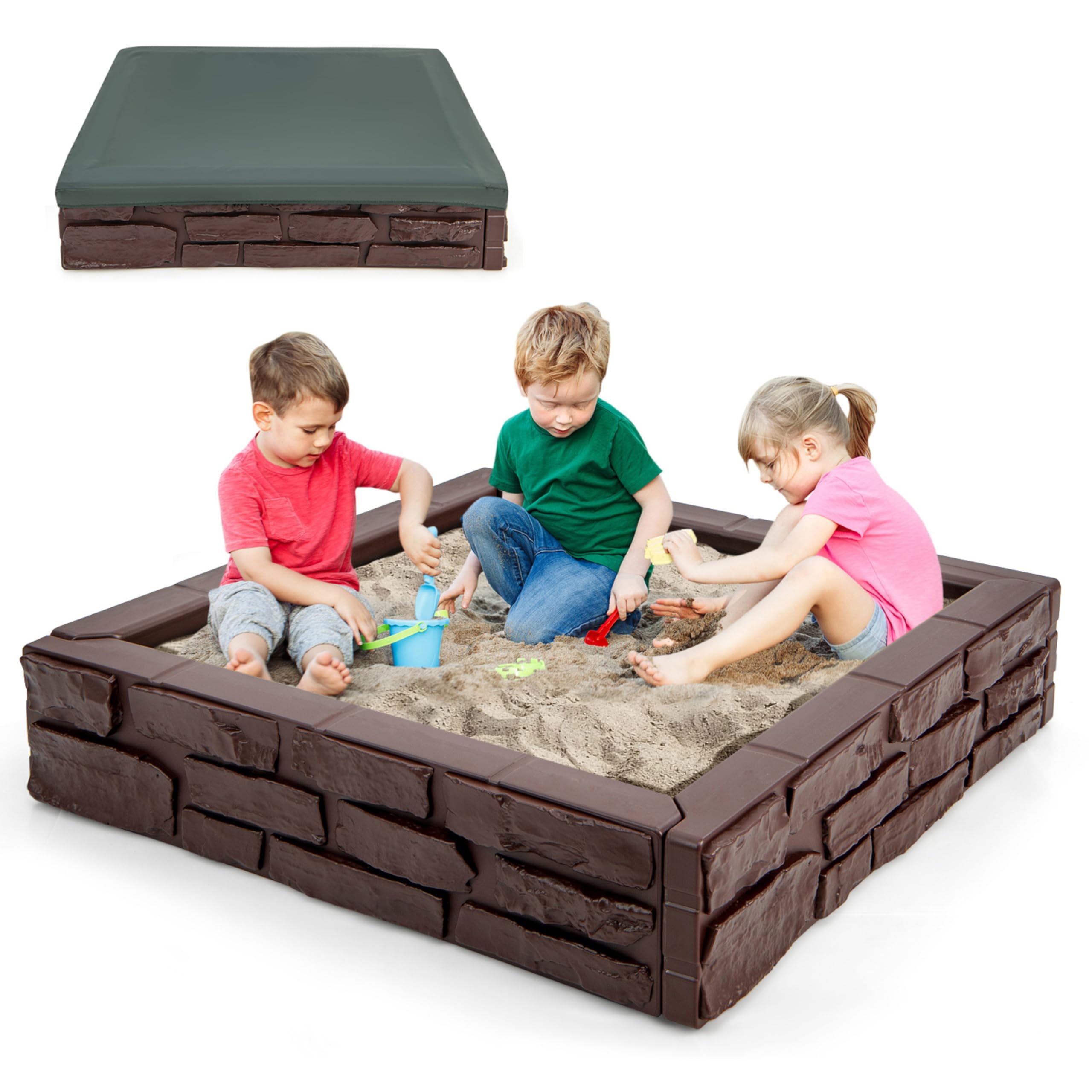 GLACER Sandbox with Cover, 47"x 47" HDPE Sand Box w/Oxford Cover, Bottom Drainage Oxford Liner, All Weather Resistant Sand Pit in Backyard Lawn Garden