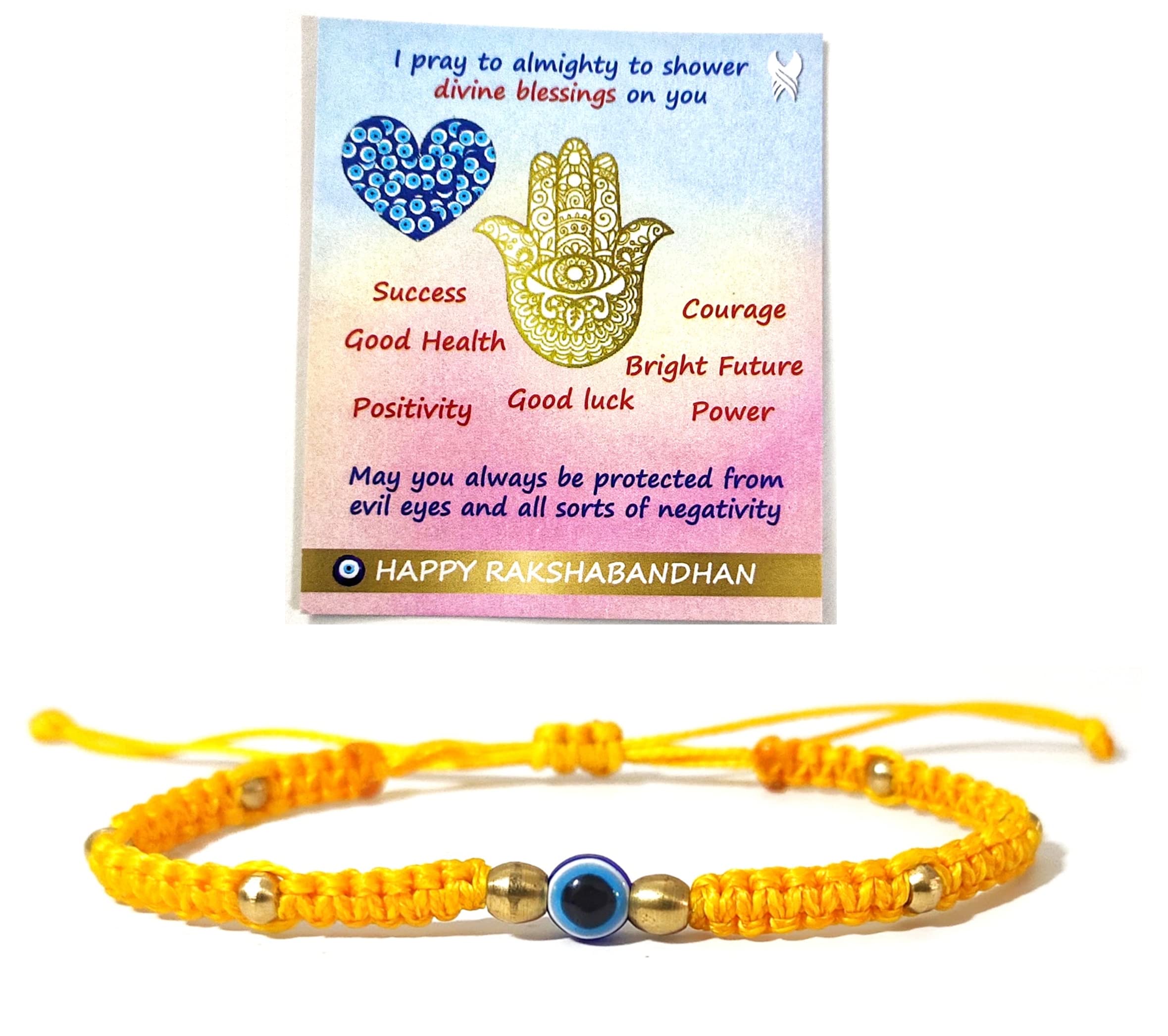 SAFFRON SHADES Stylish and Elegant Evil Eye Bracelet Rakhi for Brother Sister Bhabhi with Greeting Card and Roli Chawal | Premium Linhasita Thread (Evil Eye Yellow String) (B0B7SGC8YD) Amazon Price History, Amazon Price Tracker
