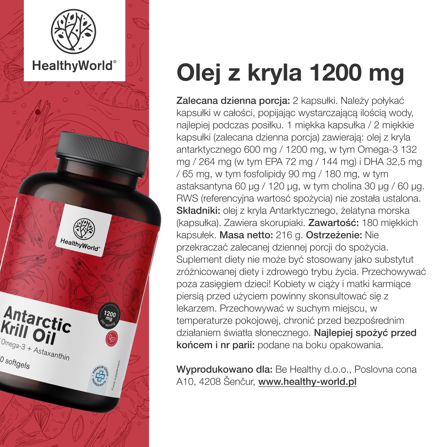 HealthyWorld Olej z kryla 1200 mg - 180 Miękkich Kapsułek - Omega-3 + Astaksantyna - Bez Glutenu, Laktozy i Sztucznych Aromatów - 3-miesięczny Zapas - Funkcjonowanie Serca i Żył
