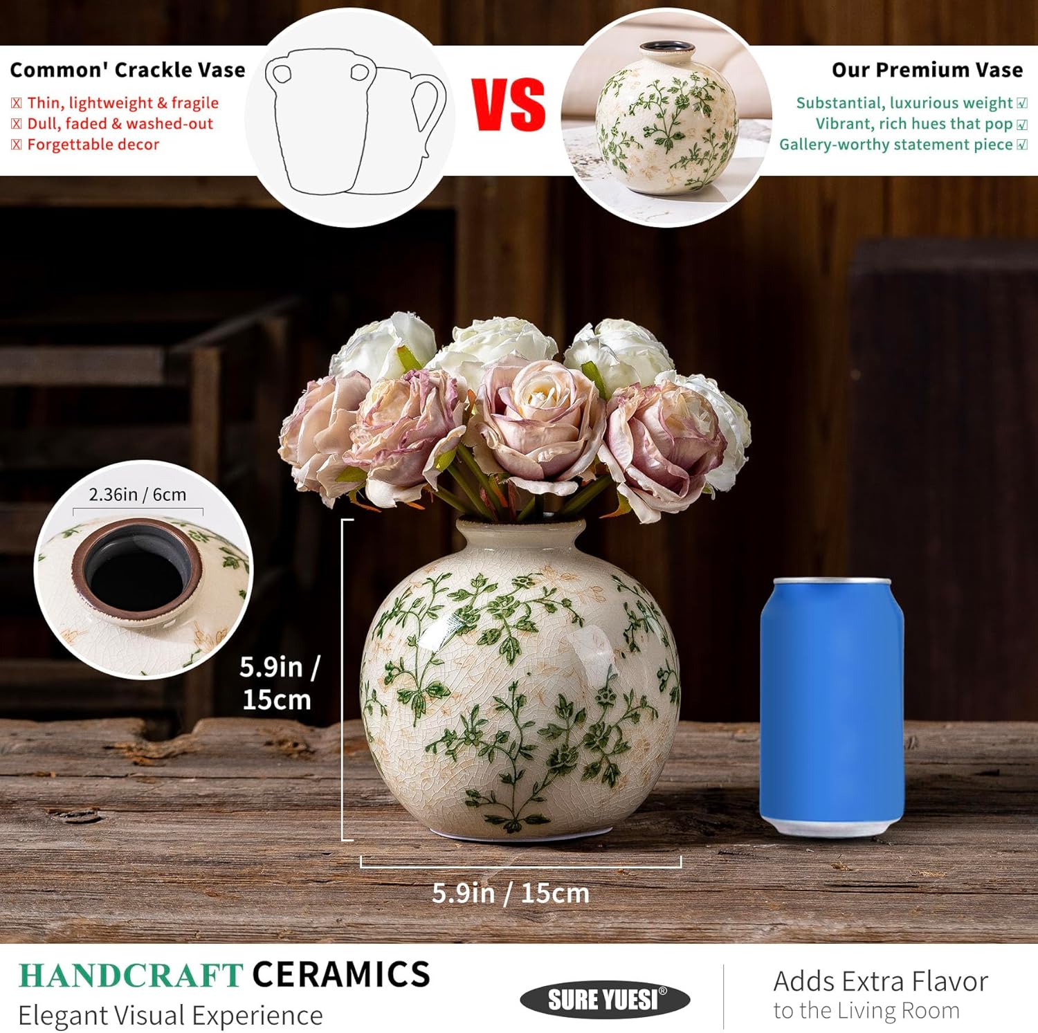 Green and Beige Pastoral Vase, Vintage Round Ceramic Floral Vases, Decorative Rustic Farmhouse Vase for Flowers, Living Room, Office Chinoiserie Home Decor, Tuscan Cottage Core Centerpiece 5.9 Inch - Image 3