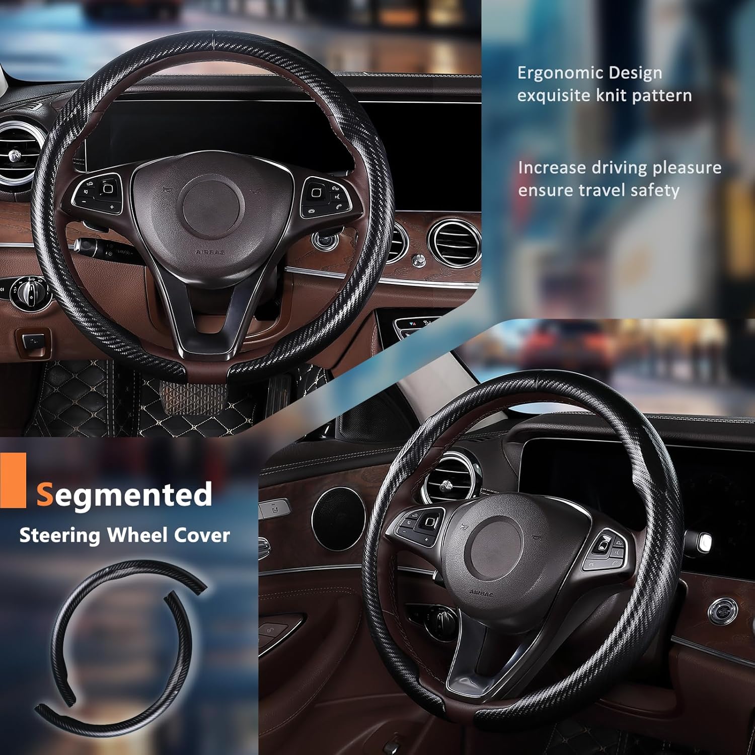 Aimato Carbon Fiber Steering Wheel Cover 2 Piece Non-Slip Clip on Steering Wheel Cover,Ultra-Thin Breathable,Universal Fit 14.5"-15" Wheel,Matte Black - Image 2