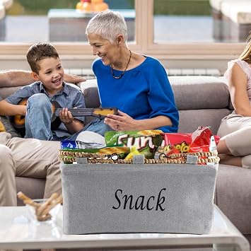 Snack Bar Organizer for Countertop,Snack Storage Basket with Handles,Canvas Fabric Snacks Bin Storage and Organization,Candy,Chip Holder for Pantry,Kitchen,Movie Night,Office,Waiting Room