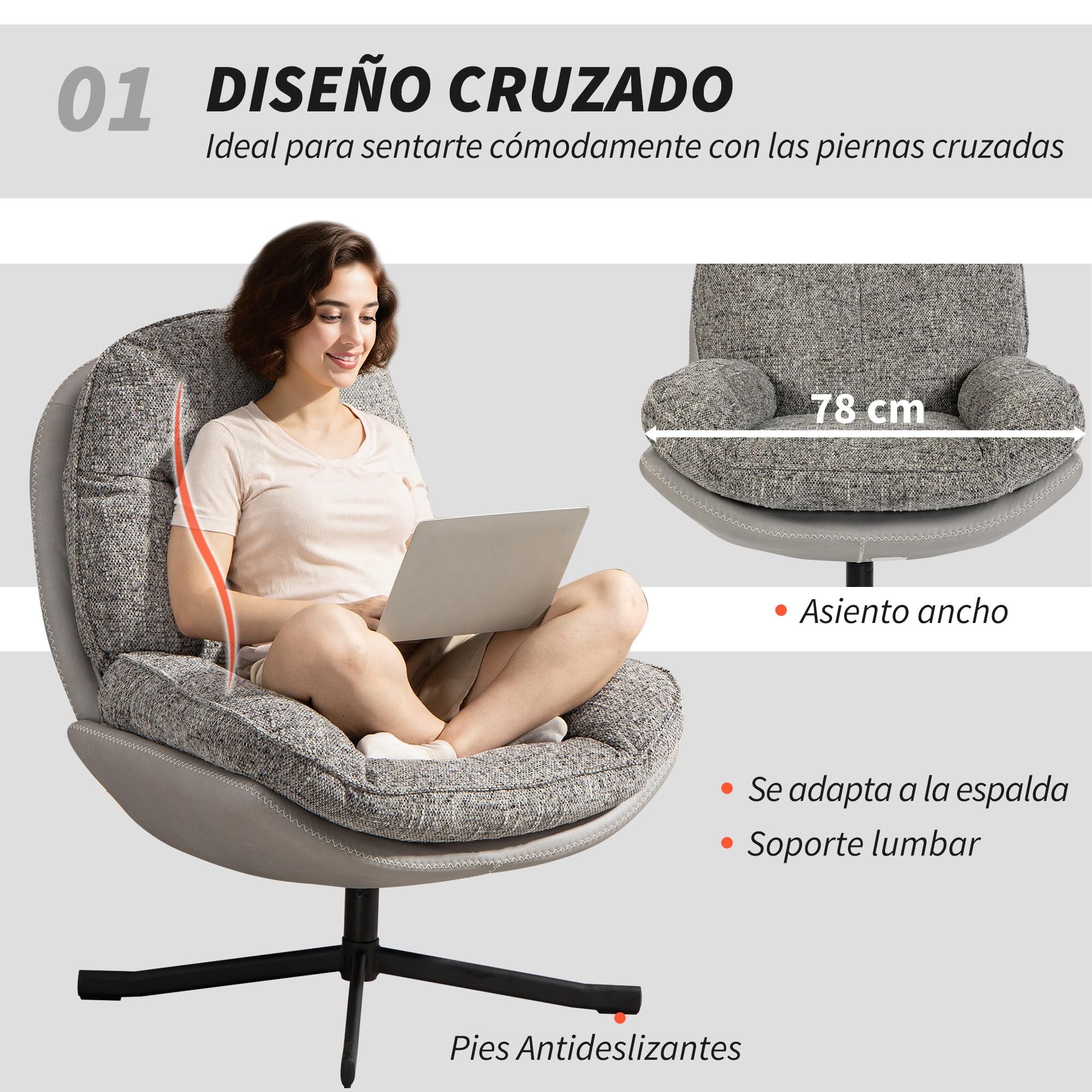 HOMCOM Sillón Giratorio Moderno, Butaca de Salón con Base Cruz, Tapizado en Chenilla y Cuero PU, Asiento Ancho Doble, Patas de Acero y Reposabrazos, Sillón Relax para Sala de Estar, Dormitorio, Gris
