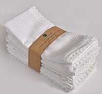 FINGERCRAFT 12 Pack White Cotton Linen Cloth Dinner Napkins 20x20 with Elegant Lace, Vintage Mitered Corners, Pre-Shrunk Absorbent
