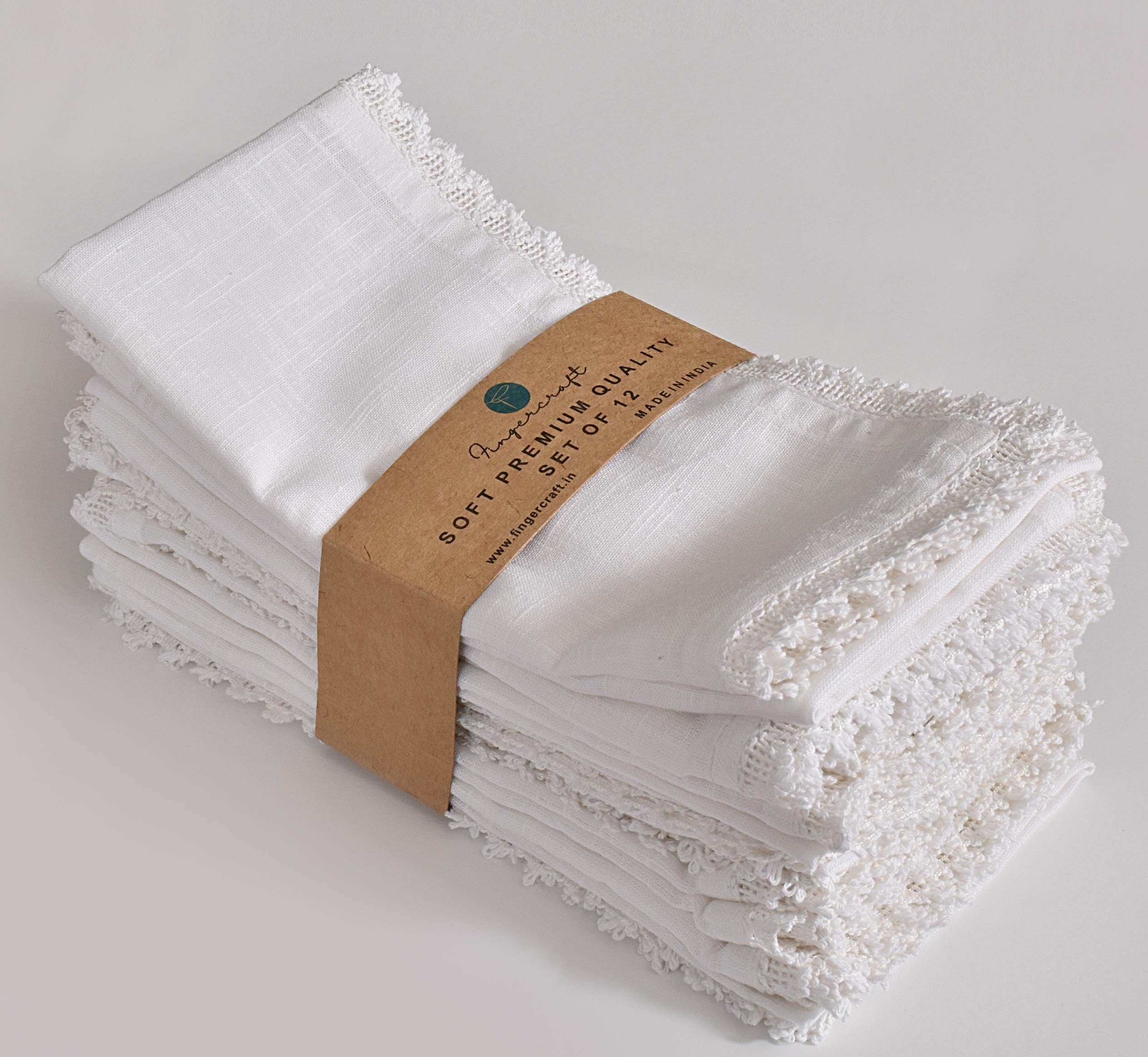 FINGERCRAFT Dinner Cloth Napkin Cotton Linen 12 Pack Vintage Rustic Premium Quality Mitered Corners Napkin Cloth with Elegant Lace for Everyday Use Pre Shrunk and Good Absorbency 20x20 in White