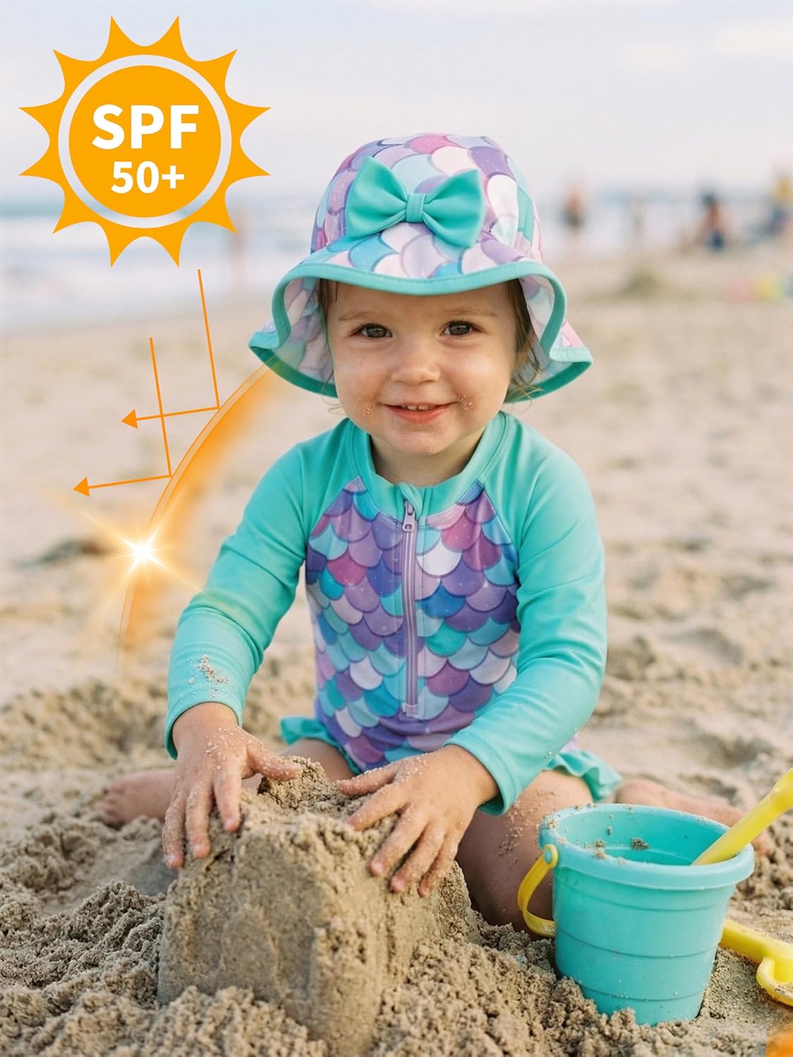 Infant Baby Girl Swimsuit Long Sleeve Rash Guard One Piece Swimwear with Hat Ruffle Bathing Suit with Zipper