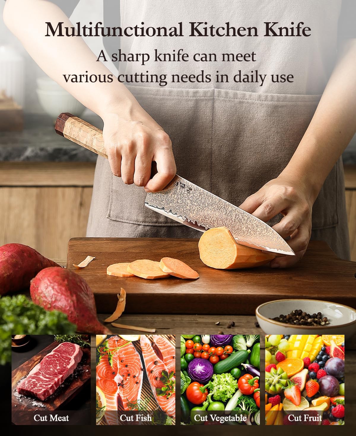 HEZHEN Tricolor Copper Damascus Chef Knife,8.3 Inch Japanese Damascus Knife, 37 Layers Damascus Steel Chef Knife-Razor Sharp,Sycamore Wood Handle