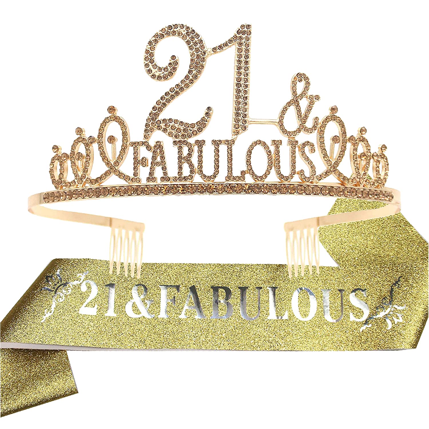 EBE EmmasbyEmma 21st Birthday Sash and Tiara for Women - Fabulous Set: Glitter Sash + Fabulous Rhinestone Gold Premium Metal Tiara for Women, 21st Birthday Gifts for 21st Birthday Party