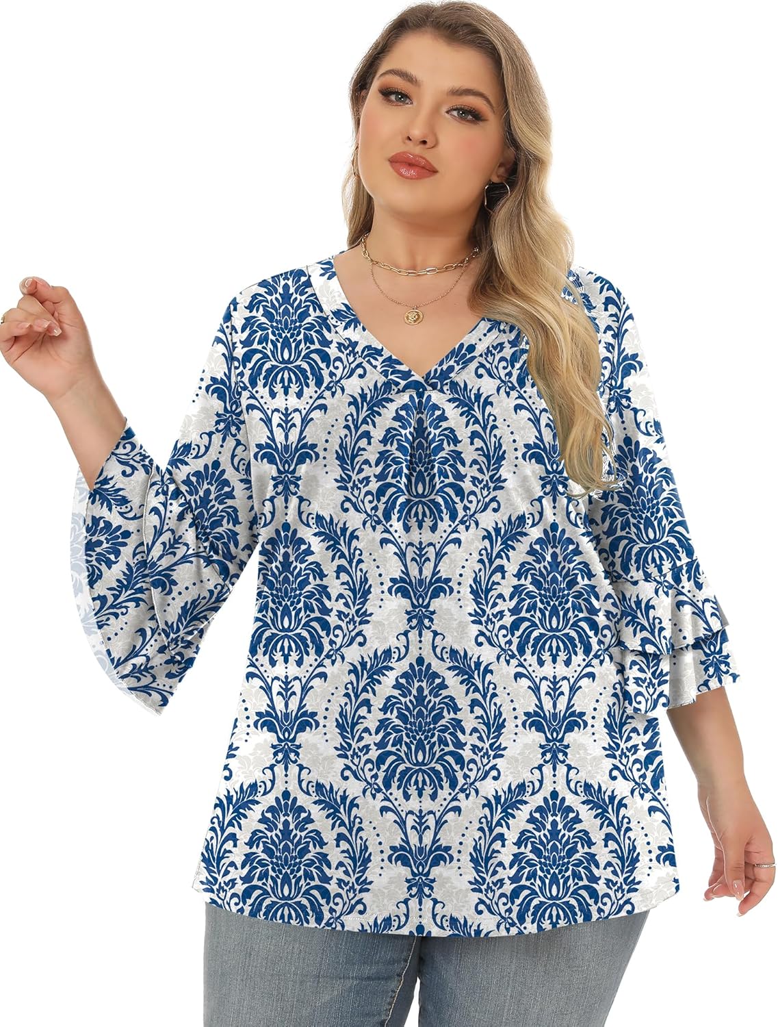 Rapbin Womens Plus Size Tops 3/4 Length Sleeve V Neck Pleated Shirts Loose Fit Tunic Blouse (1X-5X) - Image 2