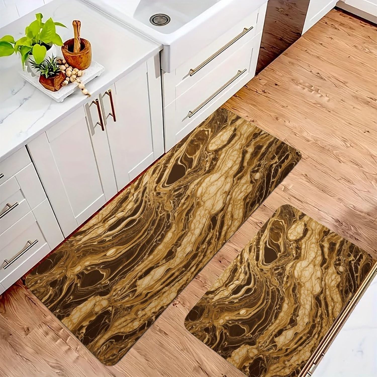 Golden Marble Kitchen Mats with 2PCS Non-Slip Washable,Kitchen Rug Heavy Duty Durable, Floor Mats for Kitchen,Office,Sink,Laundry