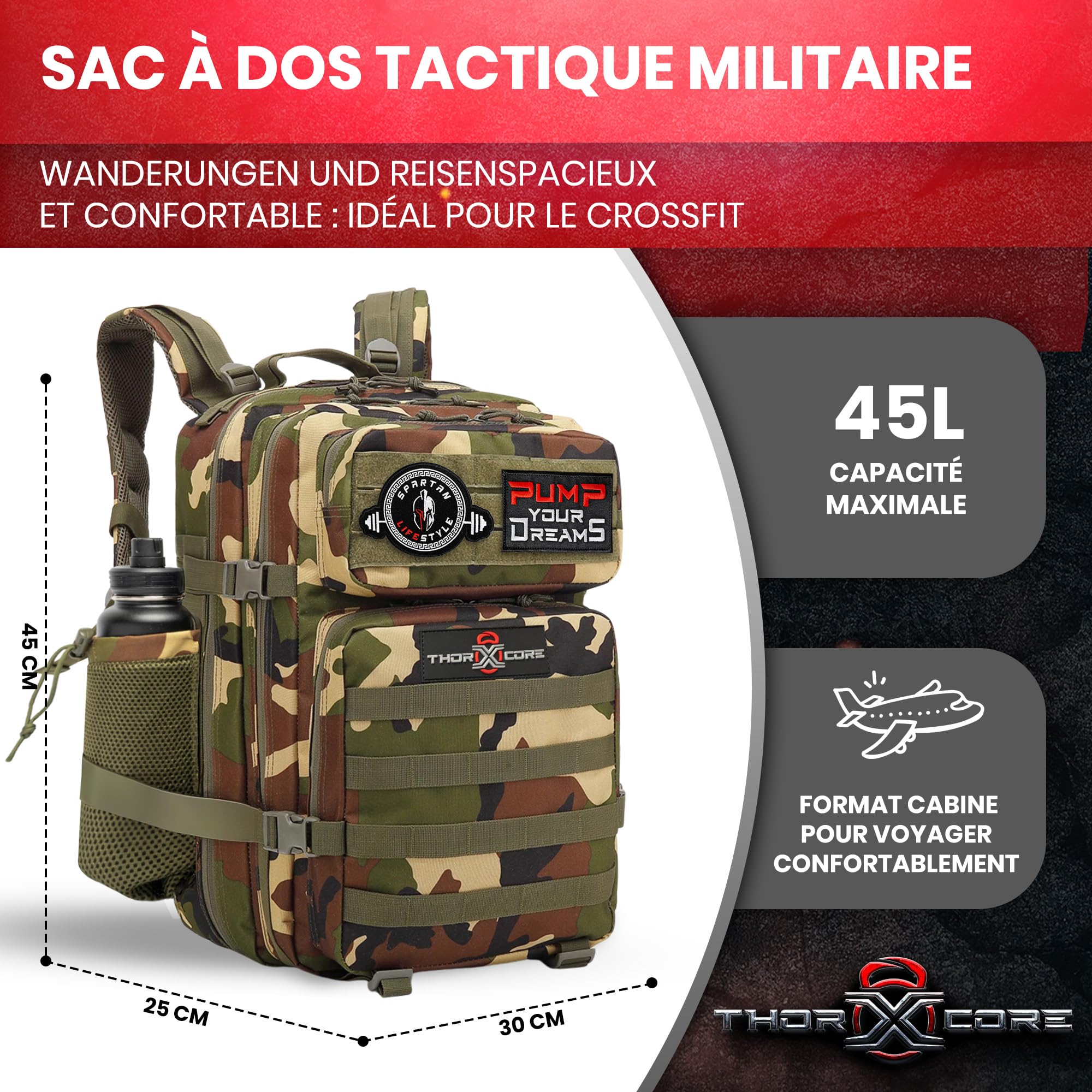 Sac à dos Crossfit - Sac à dos tactique militaire imperméable avec compartiments organisés pour la gym et les voyages - Durable et polyvalent personnalisable avec patchs inclus