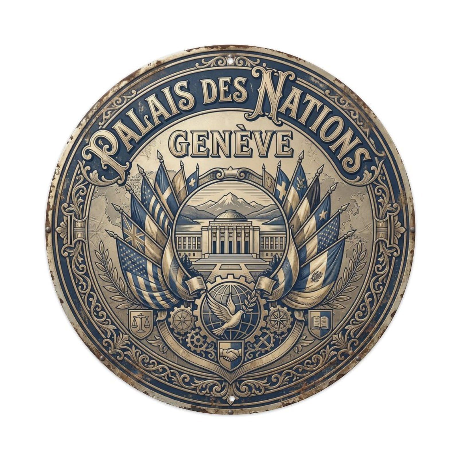 Cmhok Vintage Style-29 Vintage Travel Nations Palace Geneva Artwork Metal Tin Sign Plaque Wall Decor For Cafe, Club, Garden Round Metal Poster 8X8inch