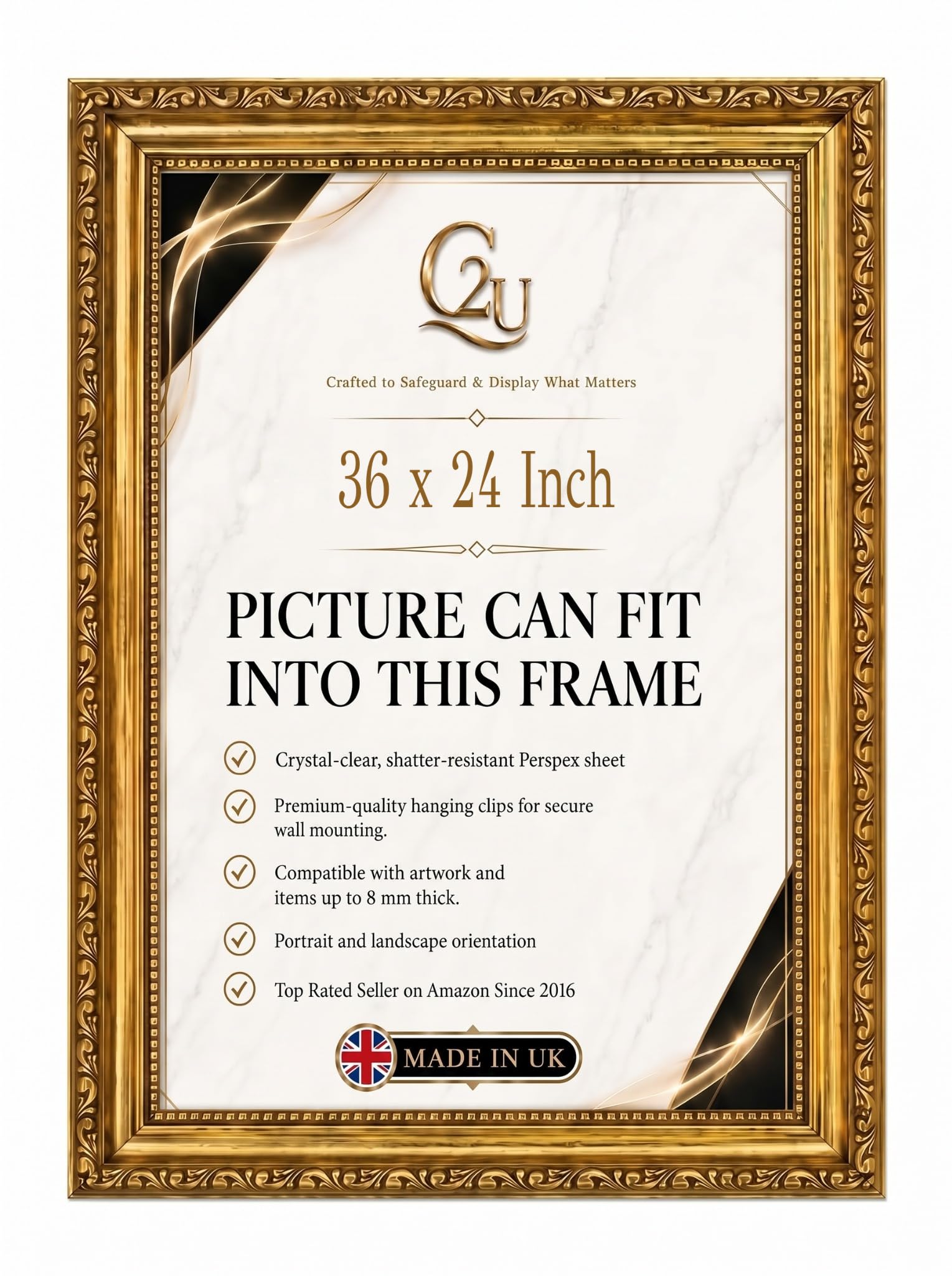 36x24 Inch Ornate Gold Picture Frame | Ornate Gold Photo & Poster Frame for Home Wall Décor, Jigsaw Puzzles & Artwork | Wall Mount | Portrait or Landscape.