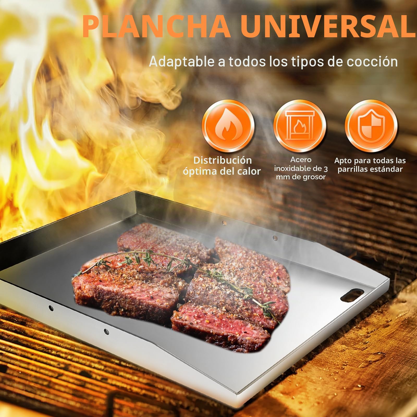Plancha de acero inoxidable,Plancha Placa de Acero Inoxidable Grueso & Acero Inoxidable 40 x 30 x 4 cm,Adecuado para barbacoa de gas y barbacoa de carbón,3 espátulas, 2 botes de aceite