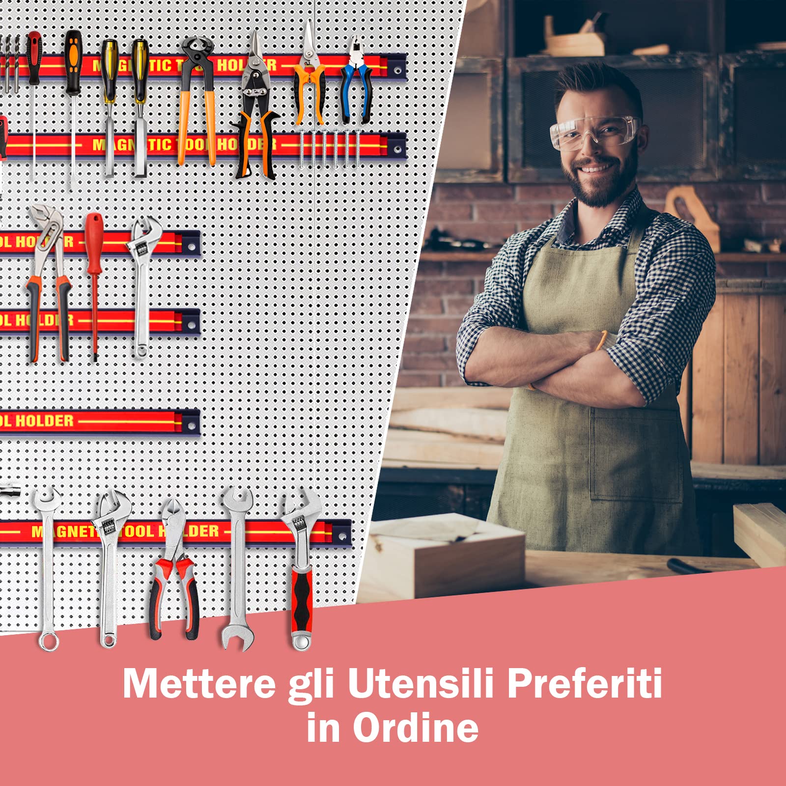 GYMAX Set 6pz Barra Magnetica Portautensili di 46 cm, Rastrelliere da Muro, Scaffale Organizzatore per Atrezzi, Portata di 6x10 kg, Accessori per Meccanico Garage Officina, Rosso
