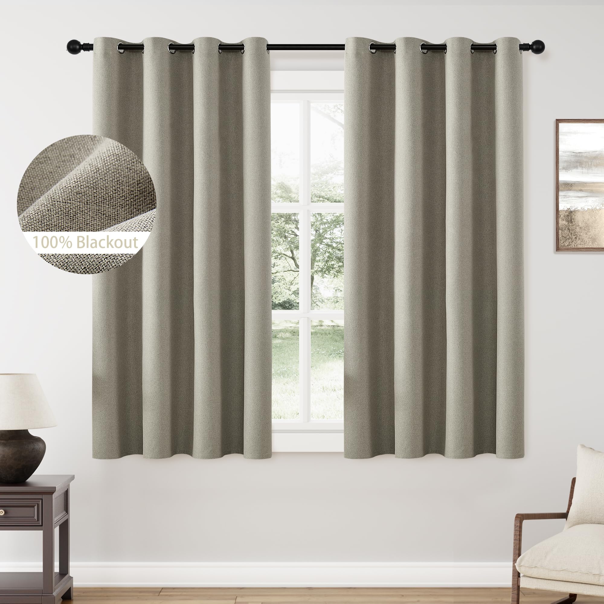 ChrisDowa 100% Blackout Sand Solid Curtains 63 Inches Long 2 Panels for Bedroom Living Room,Farmhouse Room Darkening Thermal Insulated Soundproof Grommet Top Window Treatment Drapes,52x63