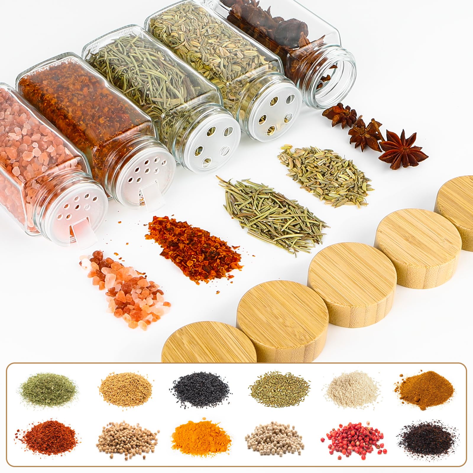 Lannvan Pot a Epices en Verre et Bois, [24x 120ml] Pot Epices Verre Carré avec Couvercle Bambou, Bocaux Epices Boite Epices Cuisine avec 310 Étiquettes Vierges, Saupoudreur Insérer, Entonnoir