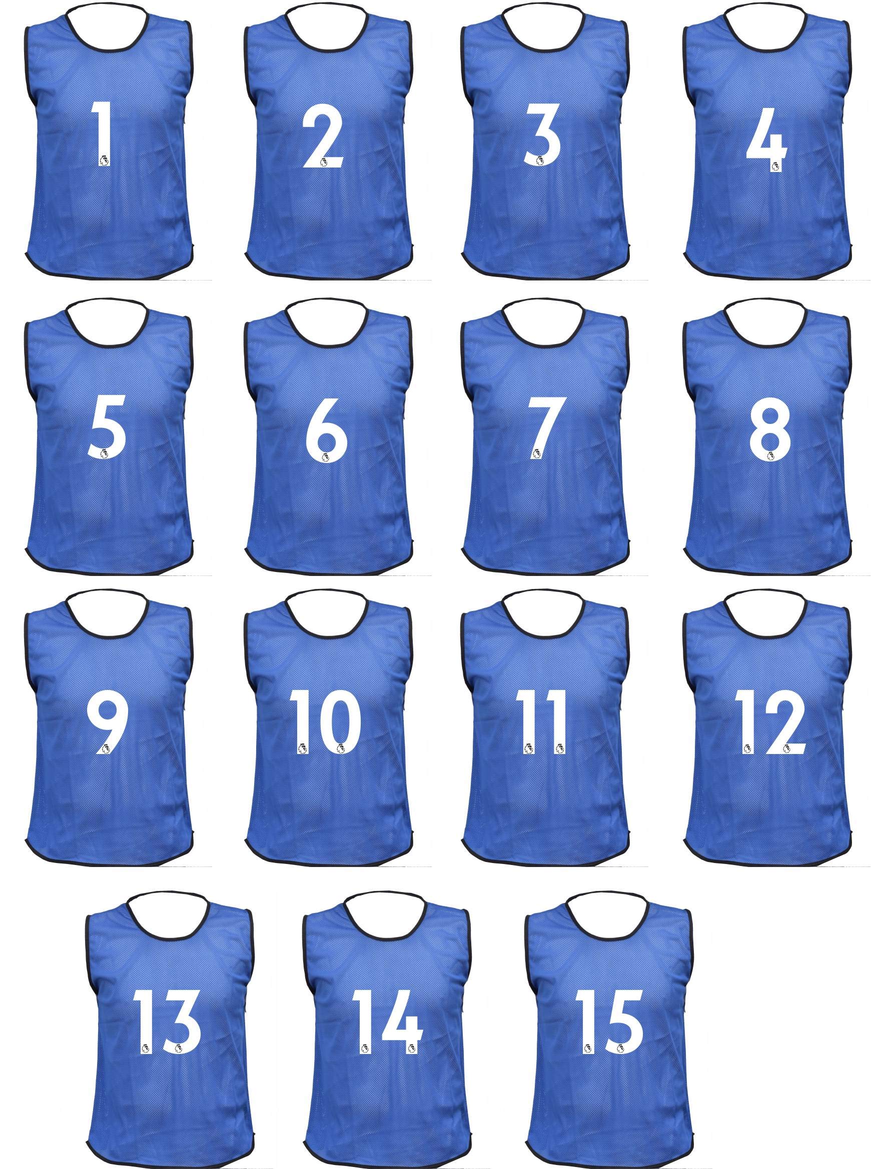 15 MESH BIBS FOOTBALL TRAINING SPORTS BIBS PRINTED NUMBER (1-15 OR number of your choice) Back only (Blue, Junior (U 14's))