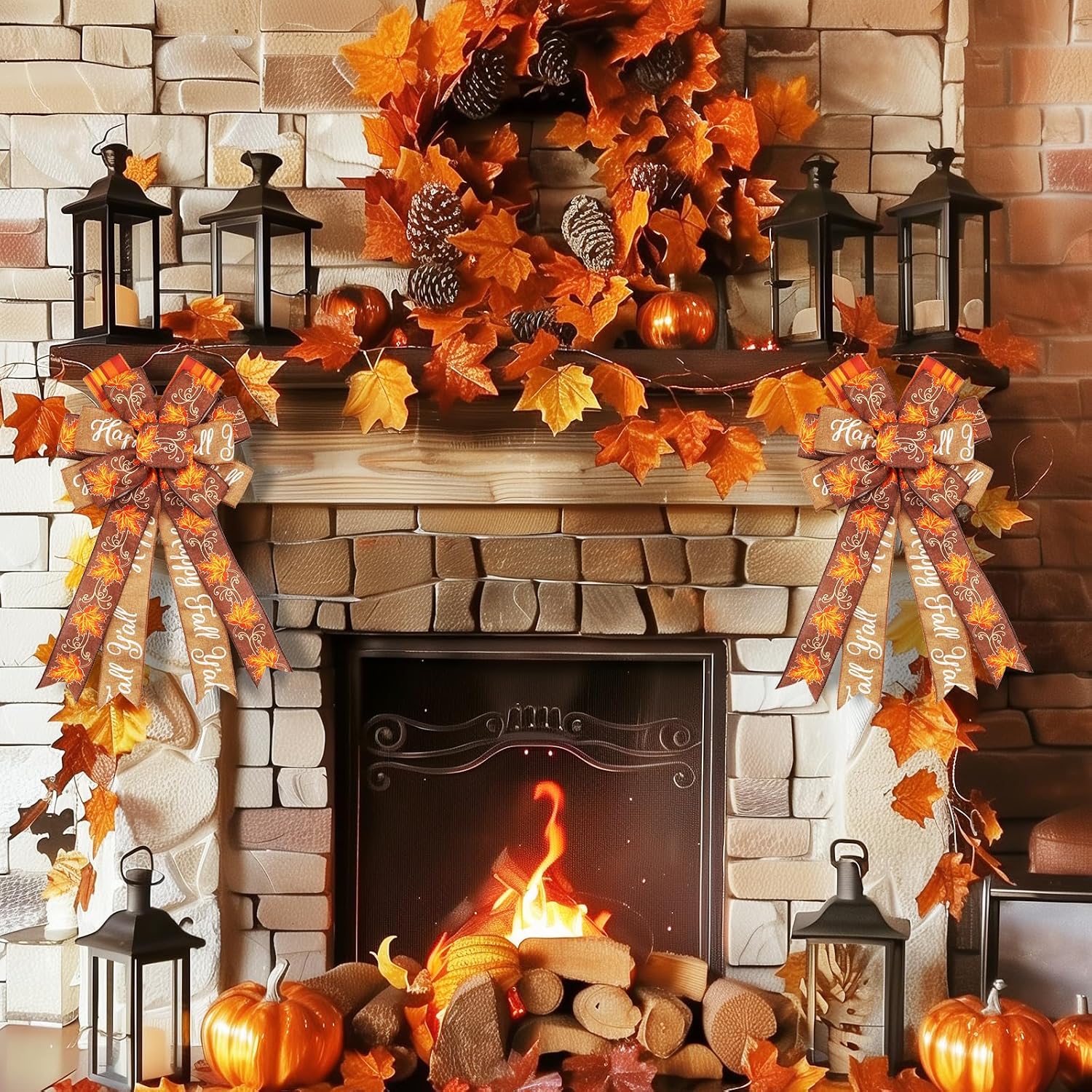 Montekin Large Fall Bows for Wreath 20x11 Inch, 2 Pack Pre-Tied Thanksgiving Wired Ribbon, Decorative Autumn Tree Topper Bow for Front Door Indoor Outdoor Harvest Decorations (Flaxen, Maple)