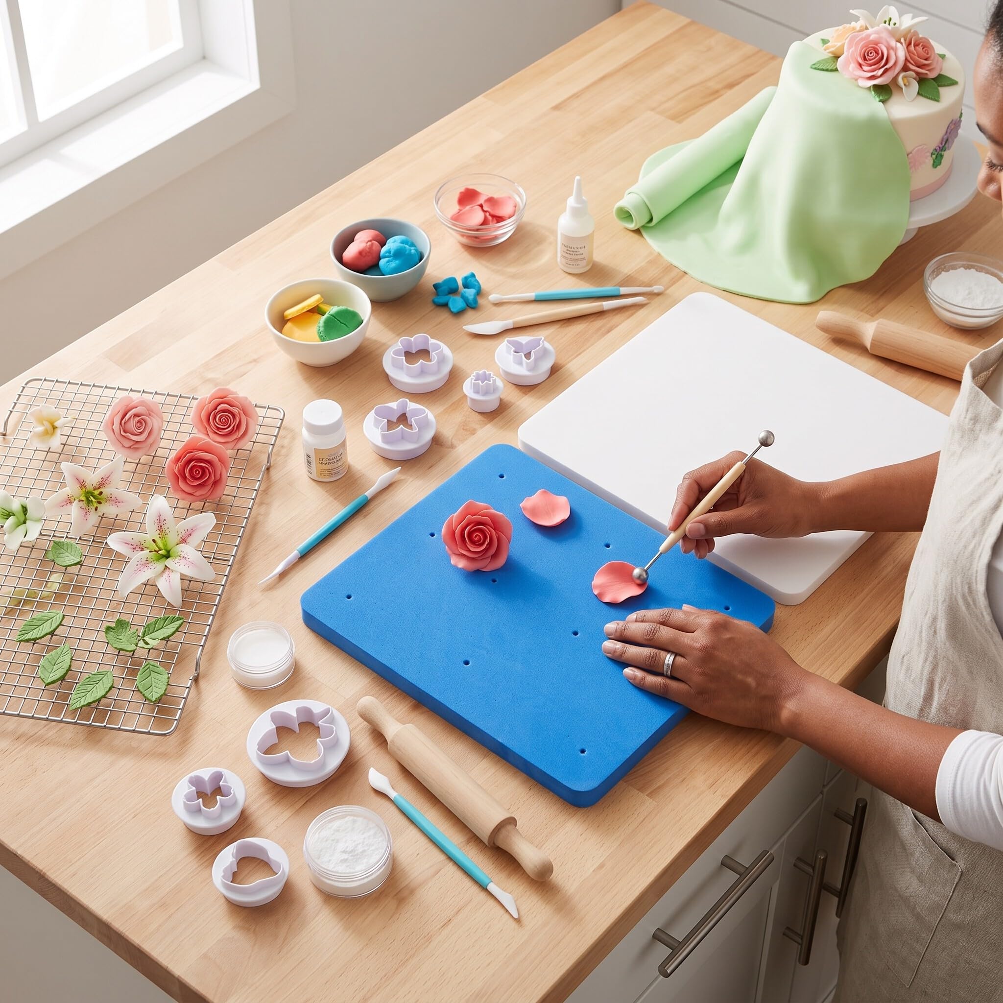 AUNMAS 2 Stück Fondant Schaumstoff-Pad, 12 Löcher Fondant Kuchen Shaping Sponge Mat, DIY Paste/Zuckerblume/Gum/Schokolade/Ton Modellierwerkzeuge Trockenblech für Kuchendekoration, Weiß Blau