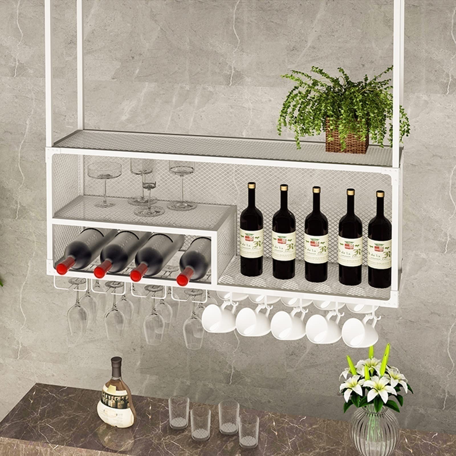 Porte-verres à vin mural blanc 60x30x105cm avec étagère plantes