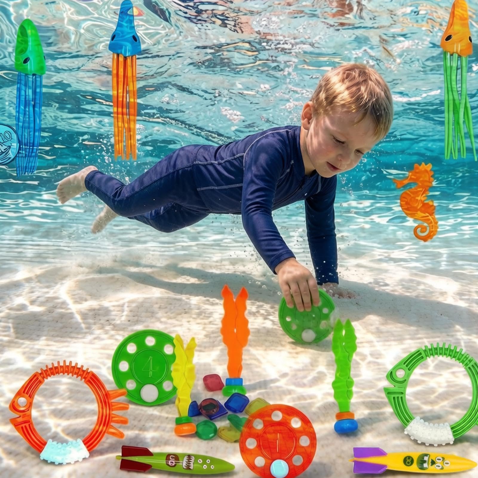 Zestaw Do Nurkowania Dla Dzieci 34 Elementy Podwodnej Zabawy W Szukanie | Zabawki do nurkowania dla dzieci Dla Dzieci 3-12 Lat Chłopcy Małe Dzieci Nastolatki Plaża Jezioro Staw oraz Letnia