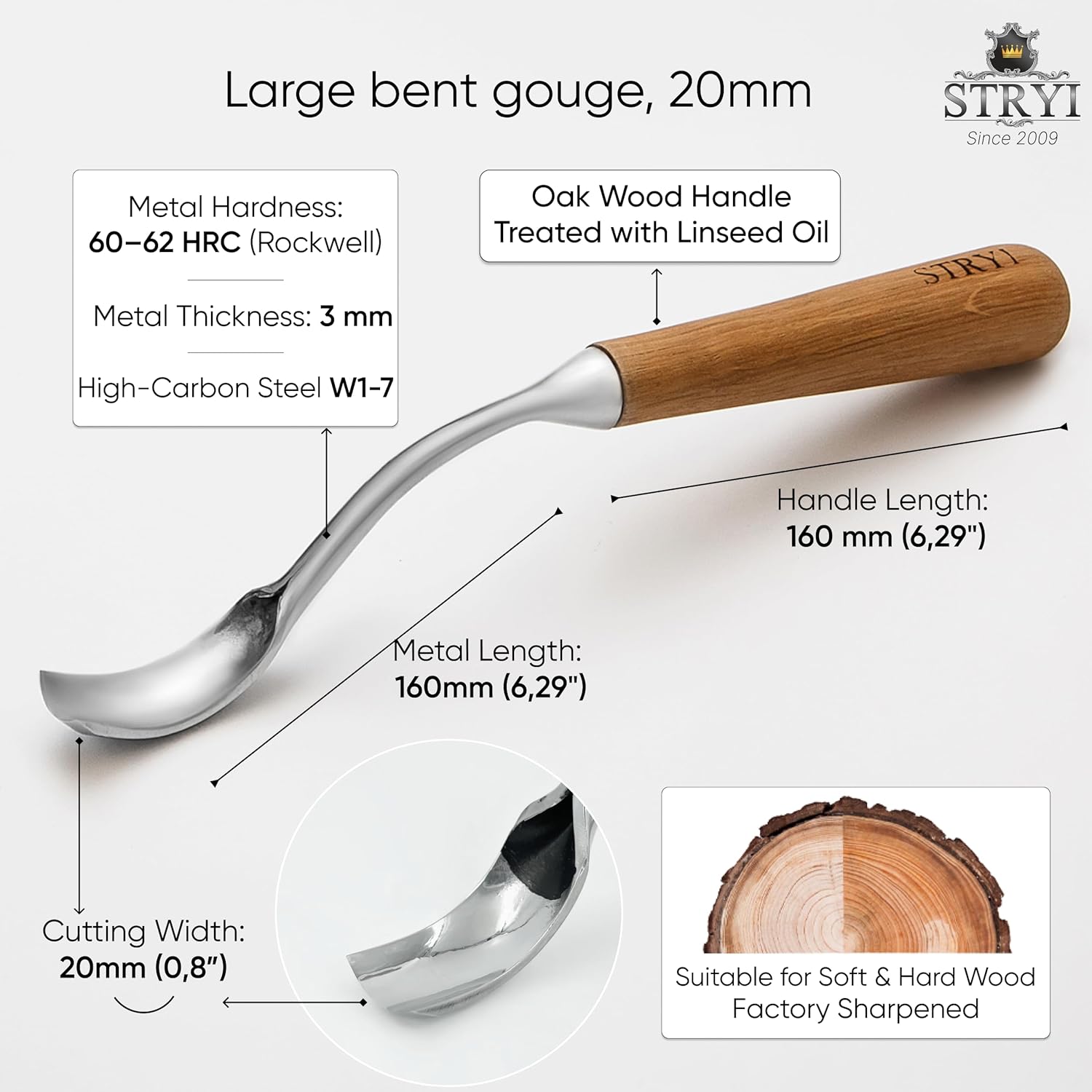 STRYI Profi 20mm/ 0,8" Large Bent Gouge for Kuksa Carving - Professional Wood Bowl Gouge - Hand Forged Deep Hollowing Tool for Spoon Making & Woodworking, Woodcraft Chisel