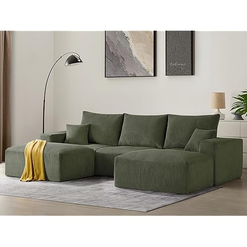 Sectional Cloud Boneless Sofa Couches for Living Room-113'' Green 3 Seater U-Shaped Modern Lounge Couch-No Assembly Modular Corduroy Convertible Sponge Sleeper Sofas with Chaise for Home House