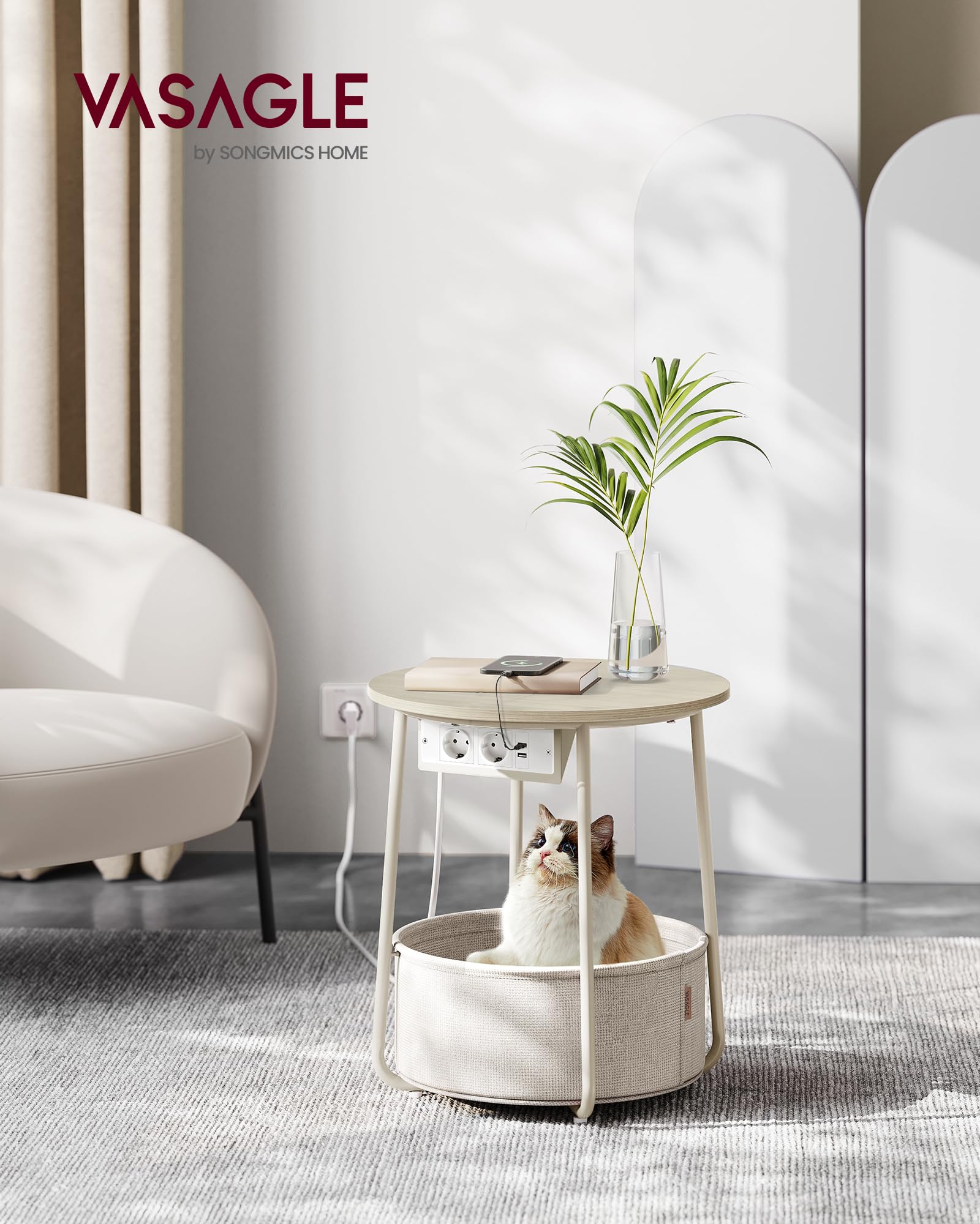VASAGLE LILEA Beistelltisch rund mit Steckdose, Stauraum, naturbeige-cremeweiß LET228LL01