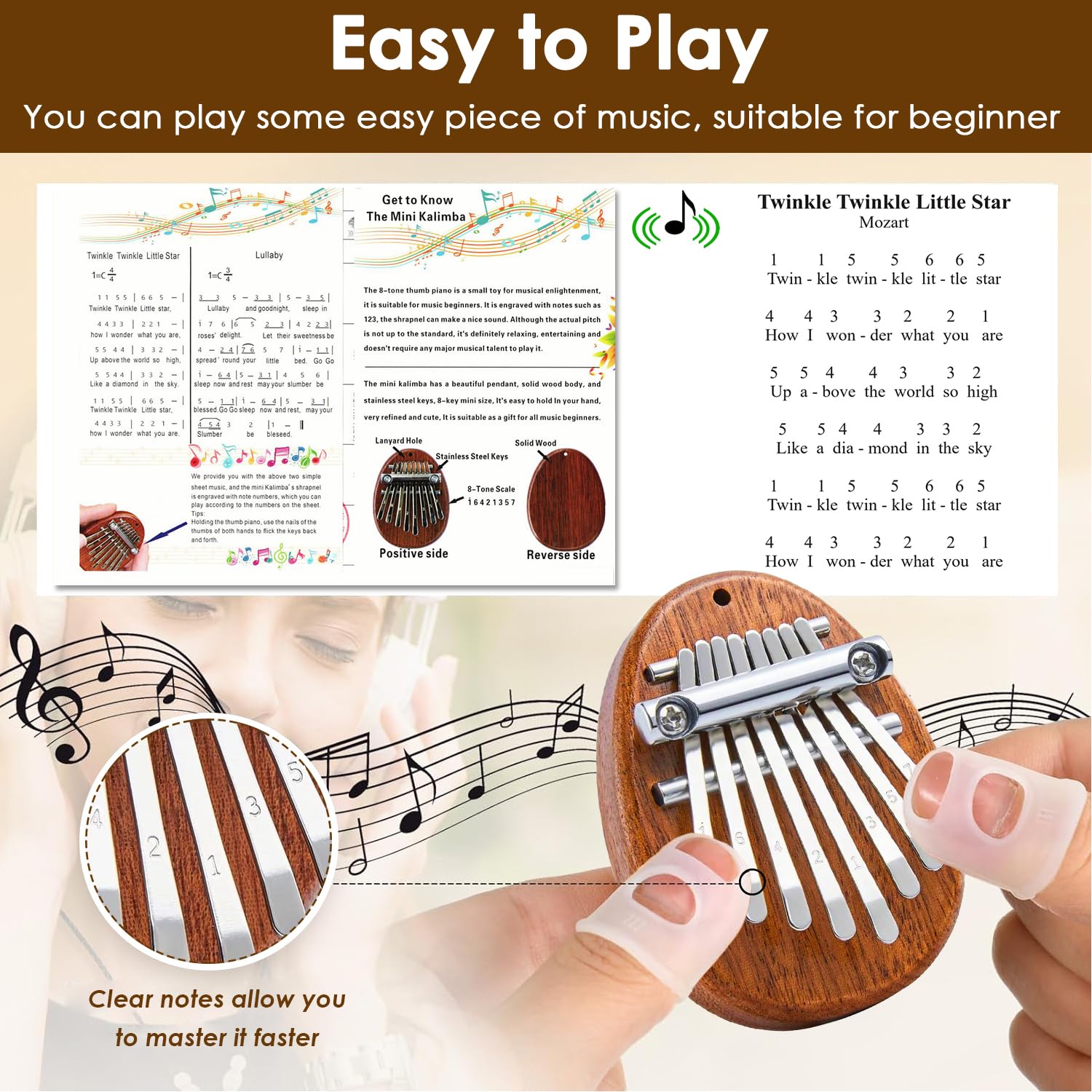 Paquet de 3 Mini Piano à Pouce Kalimba 8 Touches Piano à Doigts Instrument de Musique Professionnel avec Pendentif Porte Clés Accessoires Protège Doigts Cadeaux pour Enfants Adultes Débutants