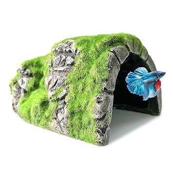 M2cbridge Aquarium Decorations Fish Hideout House Betta Cave with Green Lifelike Moss (Betta Rock Cave)