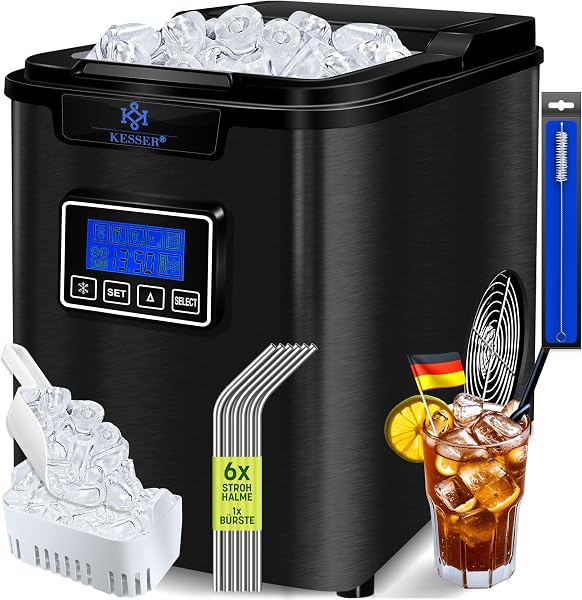 KESSER® Eiswürfelbereiter | Eiswürfelmaschine Edelstahl | 150W Ice Maker | 12 kg 24 h | 3 Würfelgrößen | Zubereitung in 7 min | 2,2 Liter Wassertank | Timer | LCD-Display | Inkl. Zubehör, Schwarz - 1