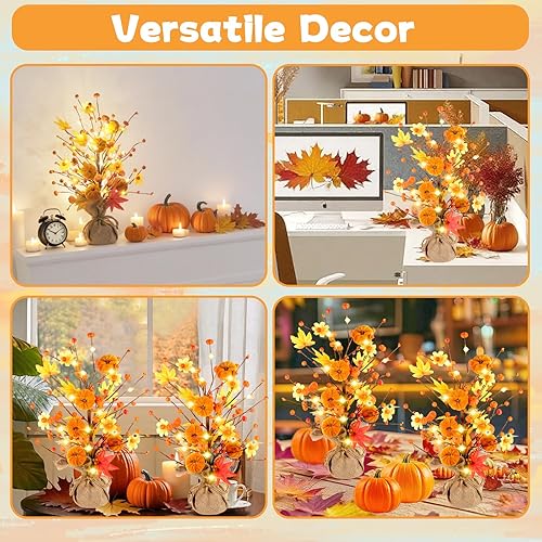 Miniatura 6 de Decoraciones de otoño para el hogar, paquete de 2 árboles artificiales de hoja de arce de calabaza de otoño de 24 pulgadas con luces para mesa de