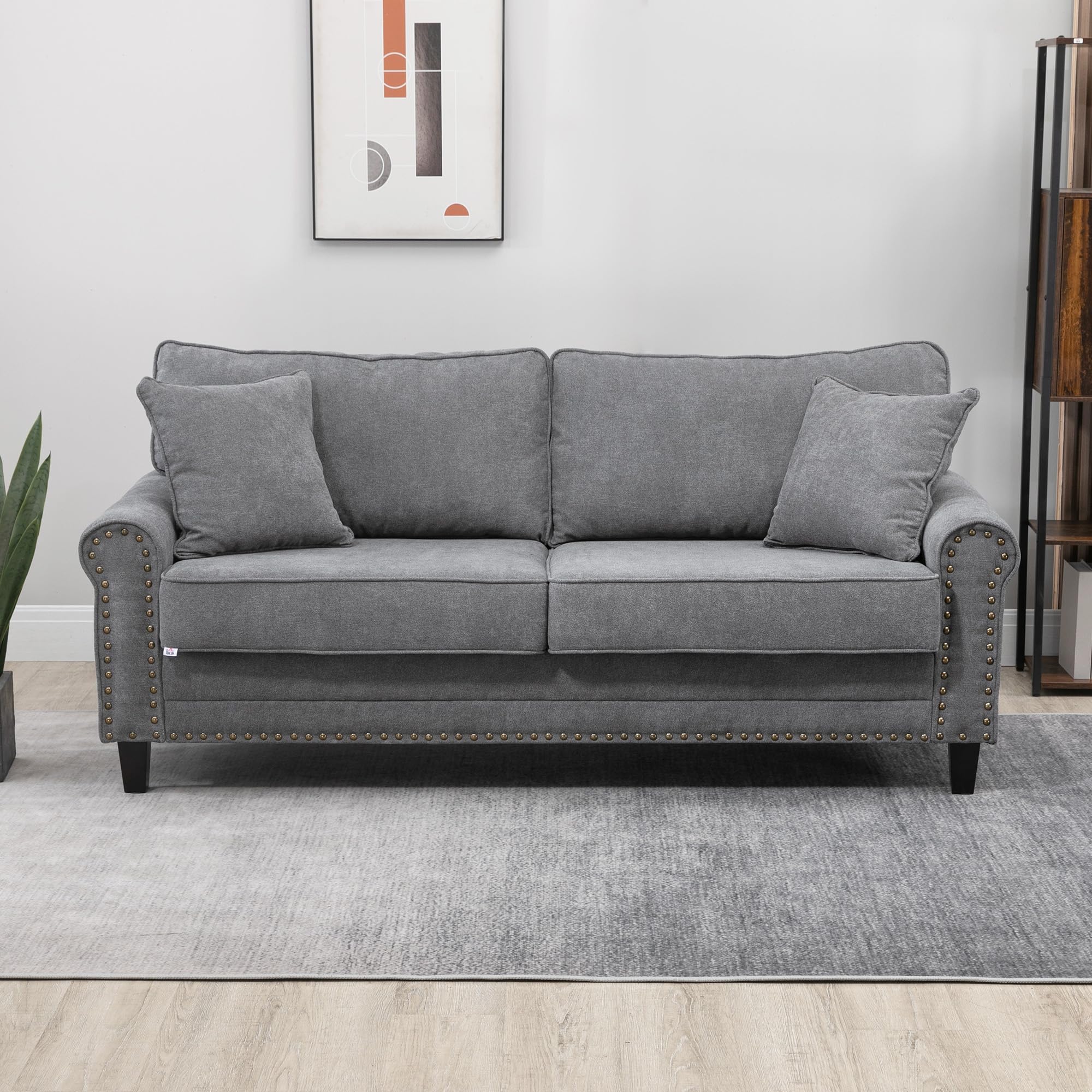HOMCOM Sofá de 3 Plazas Sofá de Salón Estilo Moderno 196x80,5x89 cm Gris | Tapizado en Poliéster, con 2 Cojines, Ribete de Cabeza de Clavo, Patas de Madera de Caucho