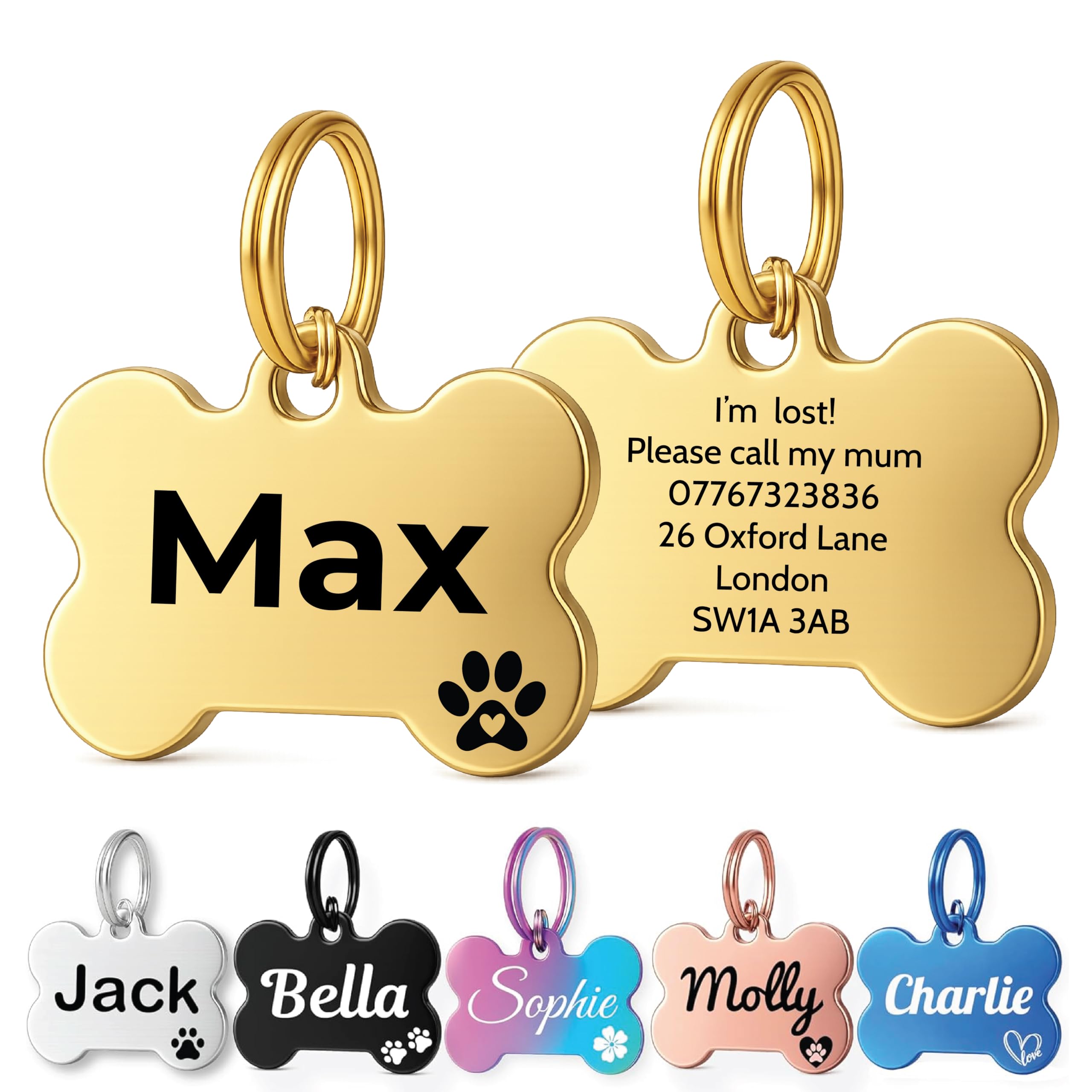 Dog Tags for Pets Engraved UK Personalised Stainless Steel Dog Name Doggy Cat ID Tag Kitten Kitty Puppy Scratch Resistant Durable Tag Custom Name Plate (Gold, Small)