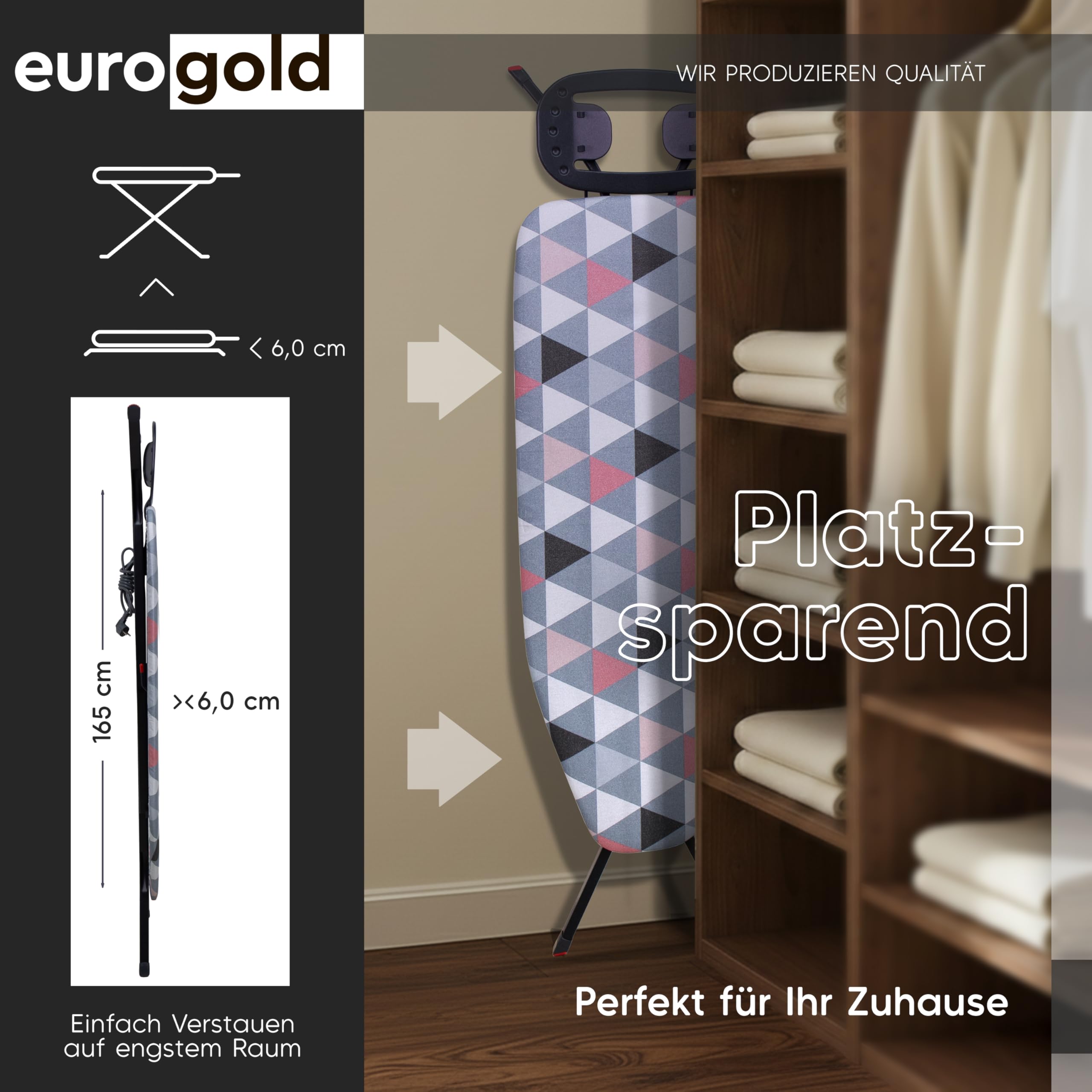 EUROGOLD® Bügelbrett mit Steckdose 120x42 cm, Nicht für Dampfbügelstation | Stabiler Bügeltisch höhenverstellbar, für zeitsparendes Bügeln, Ironing Board für Dampfbügeleisen, Made in Europe