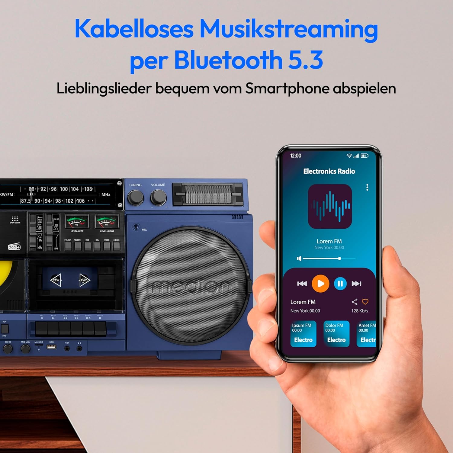 MEDION P66538 Boombox connected to a smartphone via Bluetooth