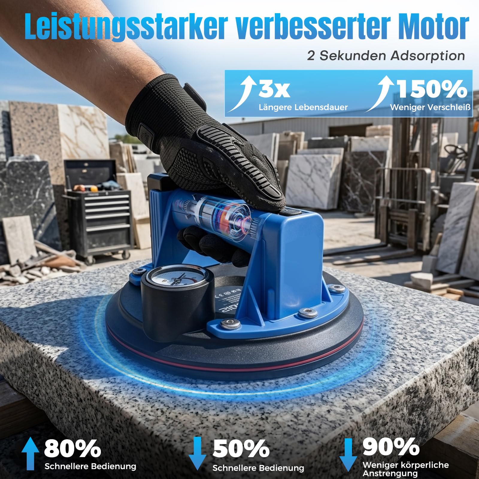 8" Akku Saugheber für Fliesen 130kg, Elektrischer Vakuumheber mit Metall-Manometer & LCD-Display, 2x Digital-Akkus (USB-Ladung), Saugheber für Glas und Glatte Oberflächen