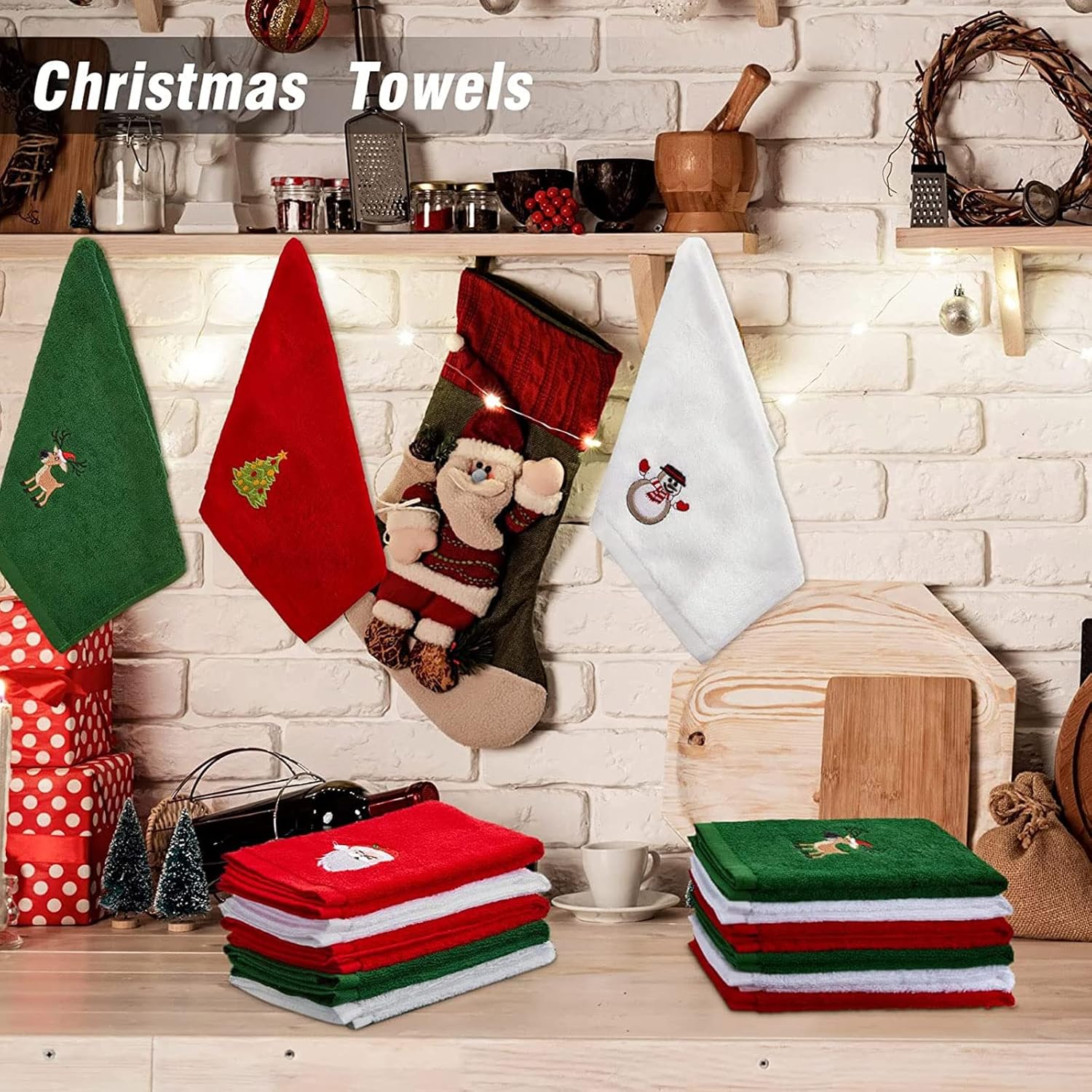Tatuo 6 Pieces Christmas Bathroom Towel Santa Reindeer Snowman Cotton Decorative Hand Towels Fabric Christmas Cotton Embroidered Hand Towels for Kitchen Bathroom Home Cleaning (Classic Style) - Image 3
