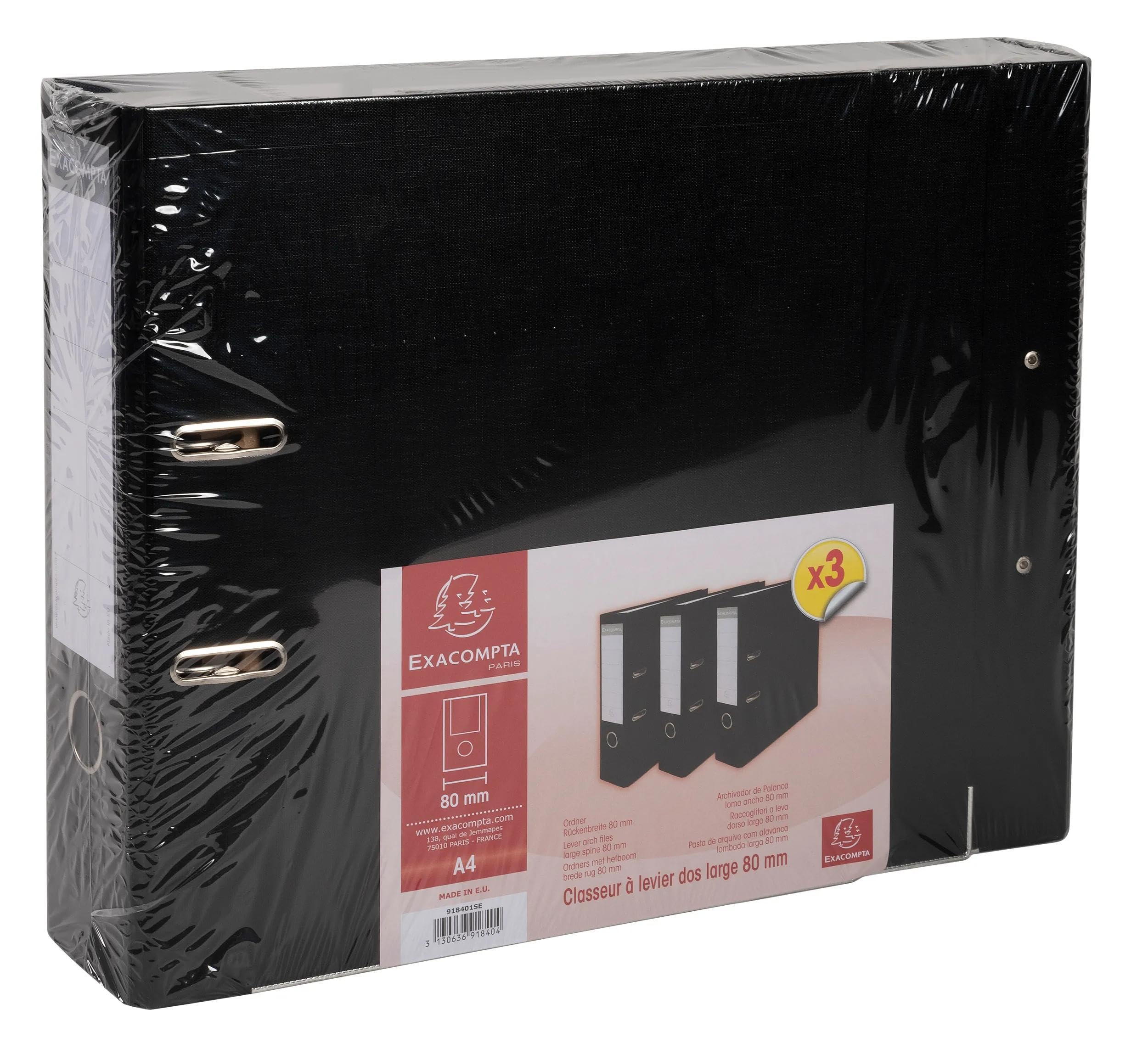 Exacompta - Rif. 918401SE - Cartone da 4 confezioni da 3 raccoglitori a leva, dorso 80 mm, formato A4, esterno in polipropilene, interno in carta, nero