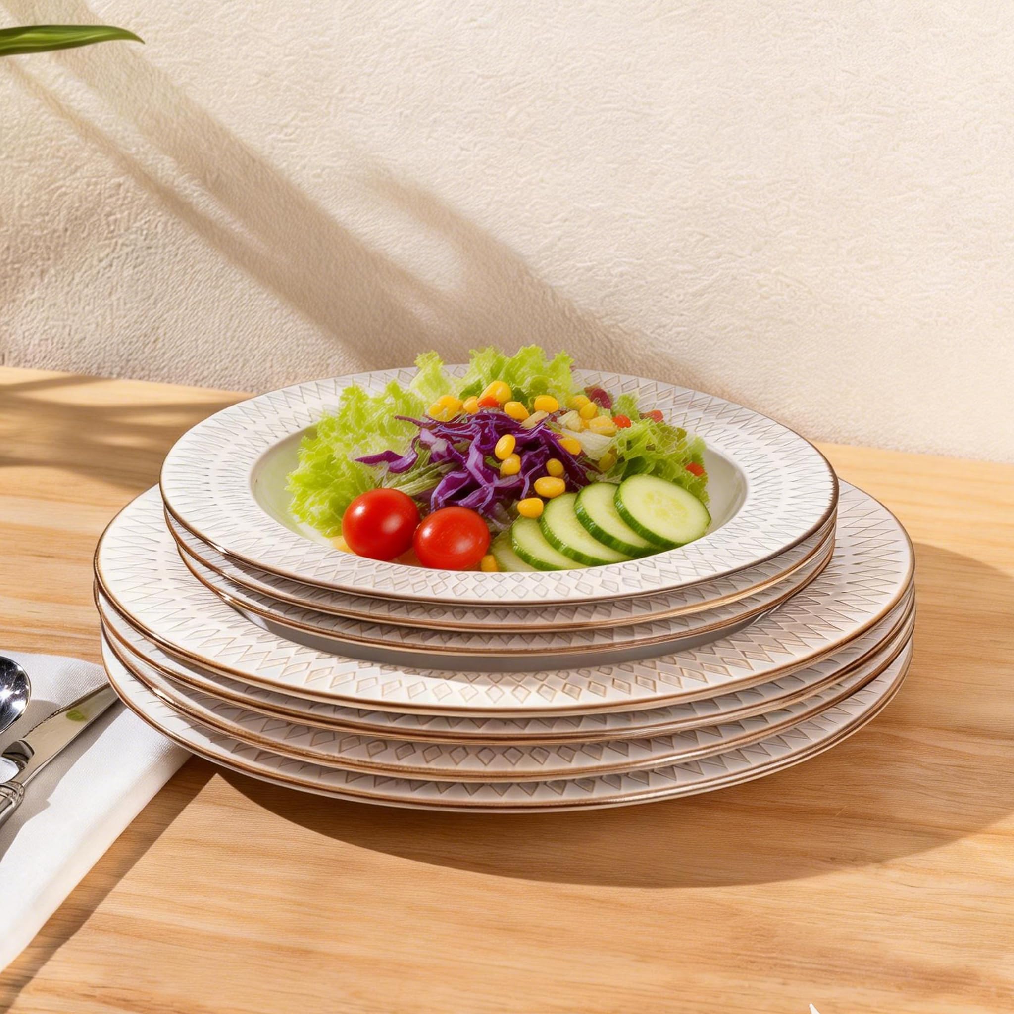 GBHOME Keramik-Geschirr-Set, 24-teilig, geprägte, elegante Steingut-Teller und Schüsseln, Einweihungsgeschenk, spülmaschinen- und mikrowellengeeignet, Geschirr-Set für 8 Personen Küche, Haushalt & Wohnen