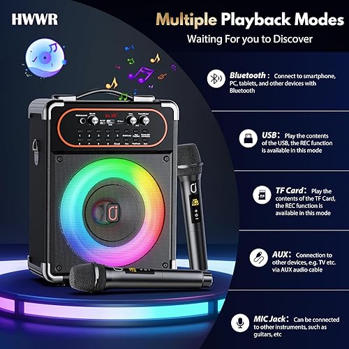 Miniatura 5 de Máquina de karaoke con 2 micrófonos, altavoz de karaoke portátil Bluetooth 5.3 para eventos al aire libre, reuniones y fiestas, sistema PA con