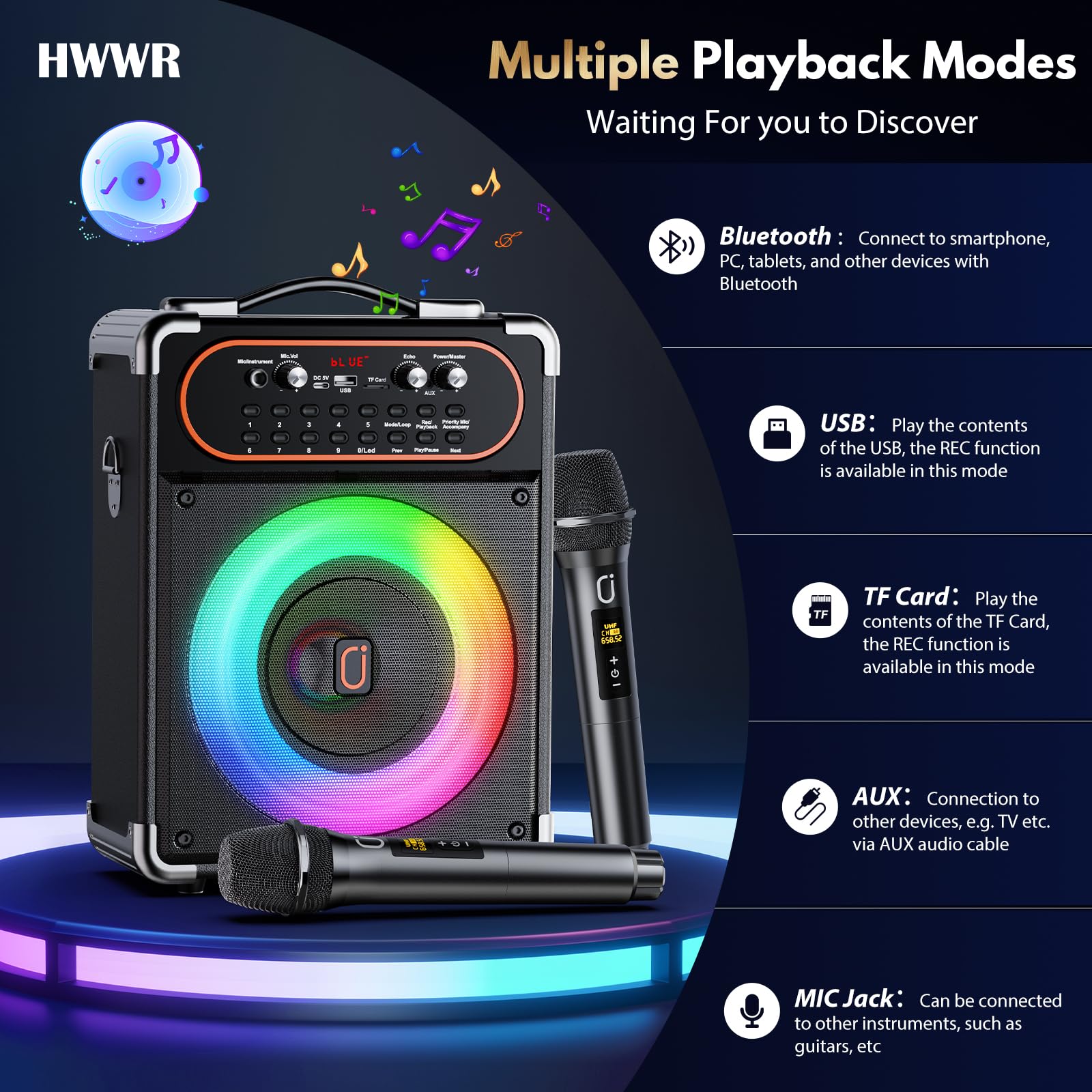 Amazon.com: HWWR Karaoke Machine with 2 Microphones, Portable