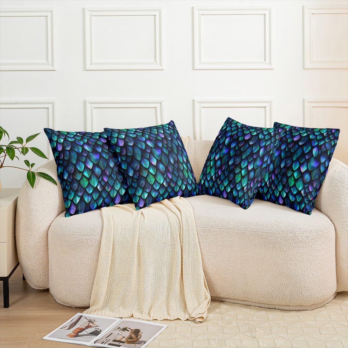 Feelyou Dragon Throw Pillow Cover 24"x24" Soft Dragon Scales Cushion Cover Pillow Case for Couch Sofa Bedroom Car Reversible Traditional Chinese Style Blue Green Decorative Throw Pillowcase